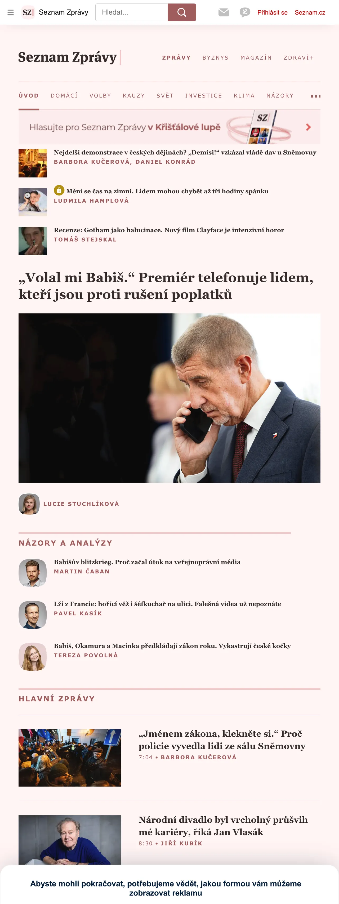 Screenshot of the Seznam Zprávy front page
