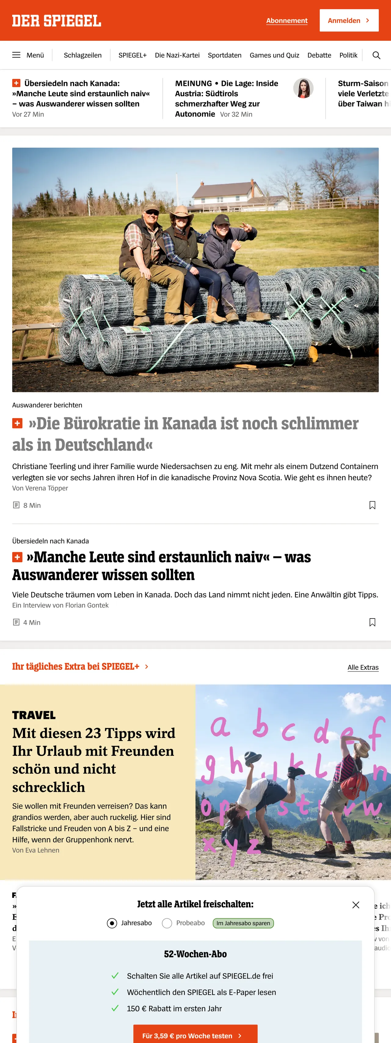 Screenshot of the DER SPIEGEL front page