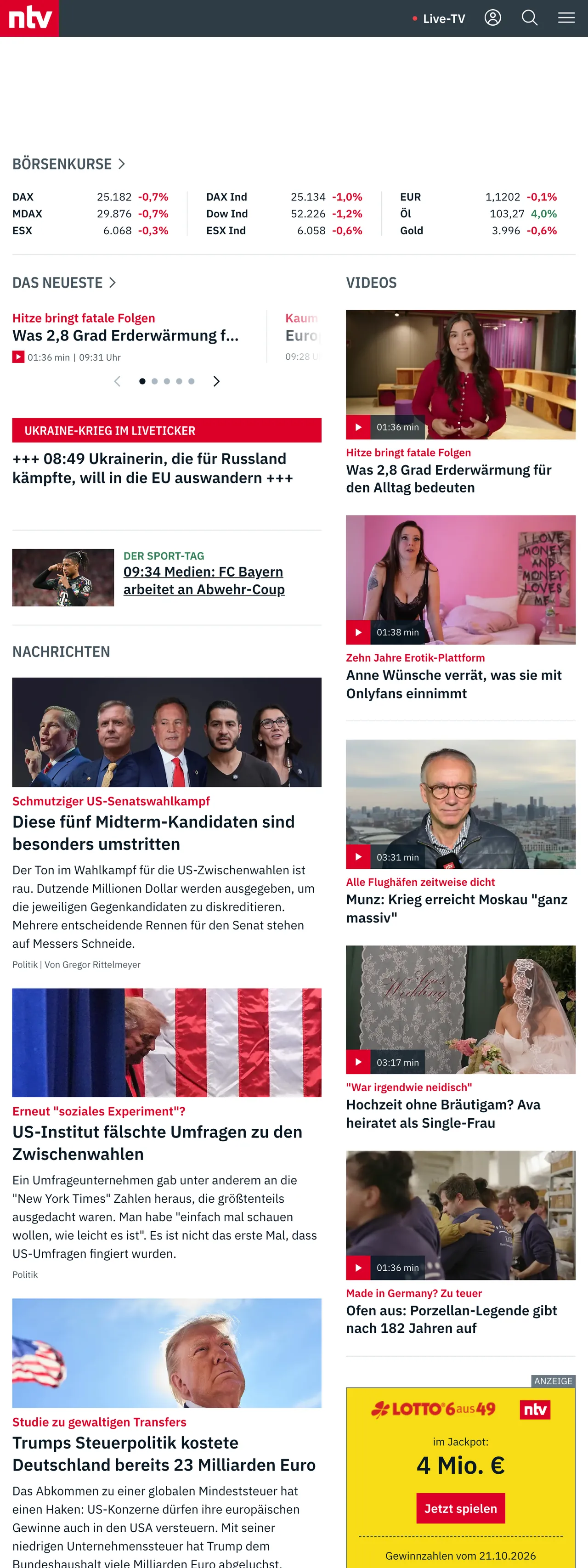 Screenshot of the n-tv front page