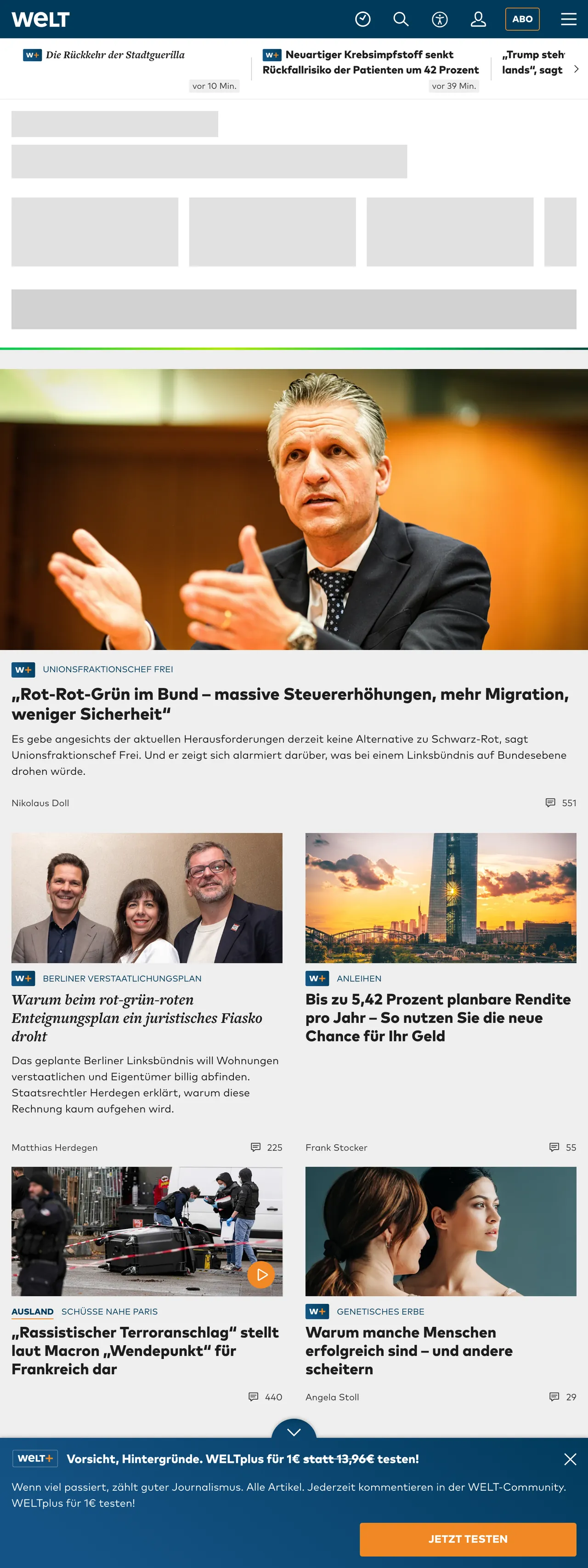 Screenshot of the WELT front page