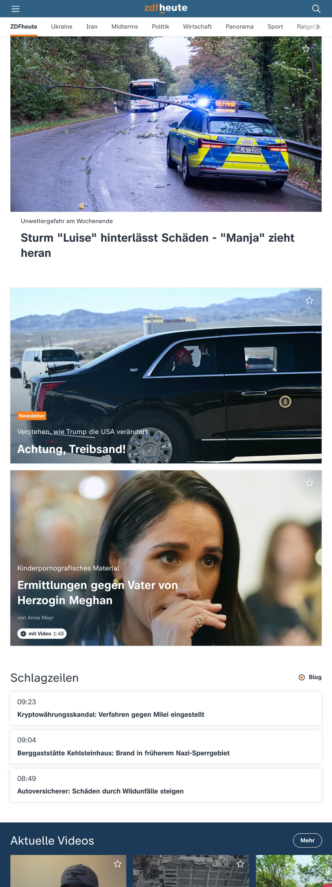 Screenshot of the ZDFheute front page