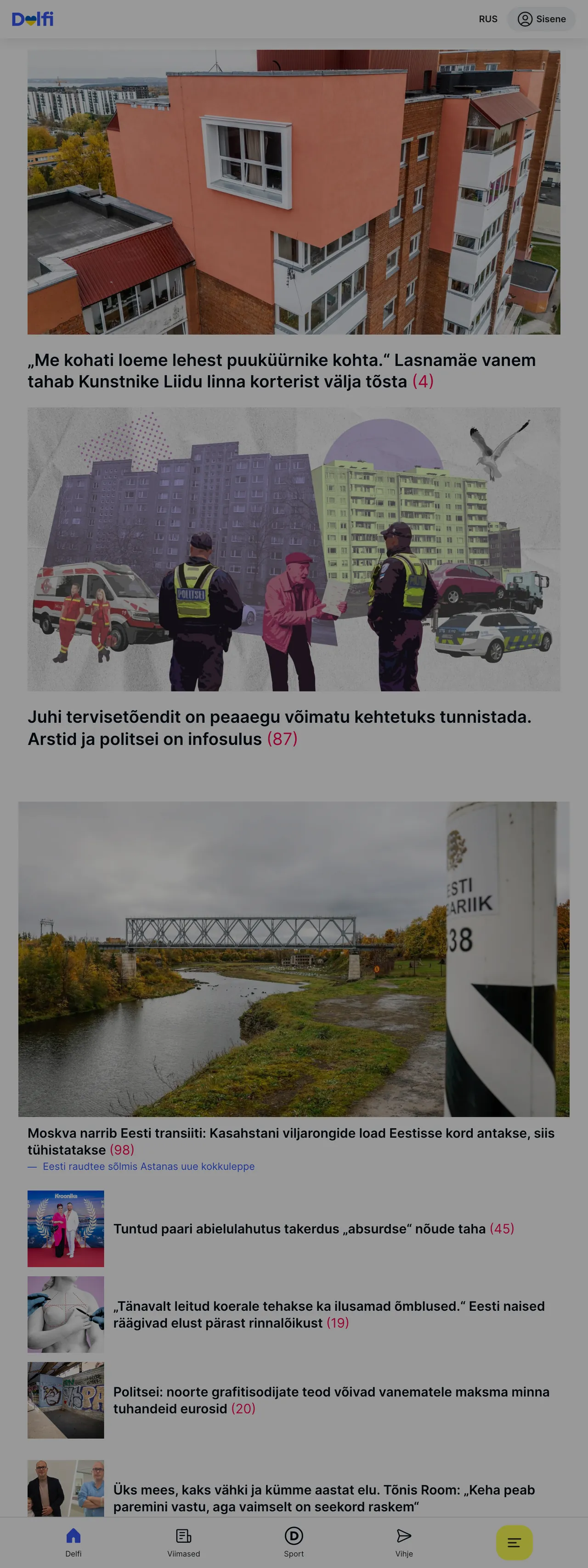 Screenshot of the Delfi front page