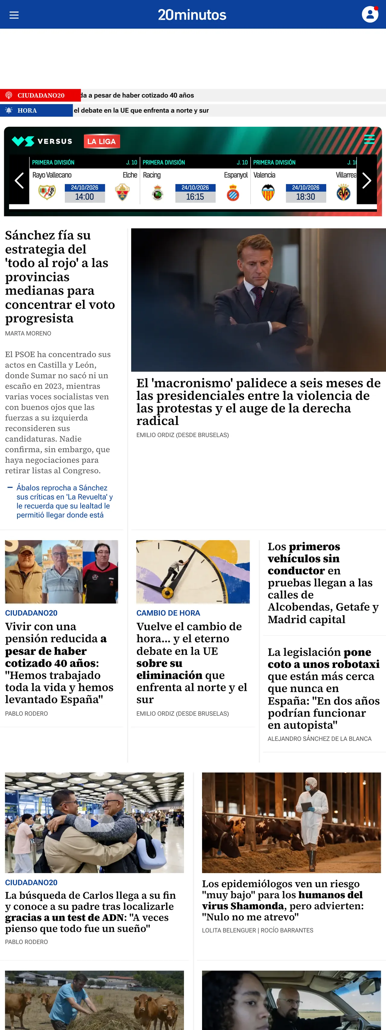 Screenshot of the 20minutos front page