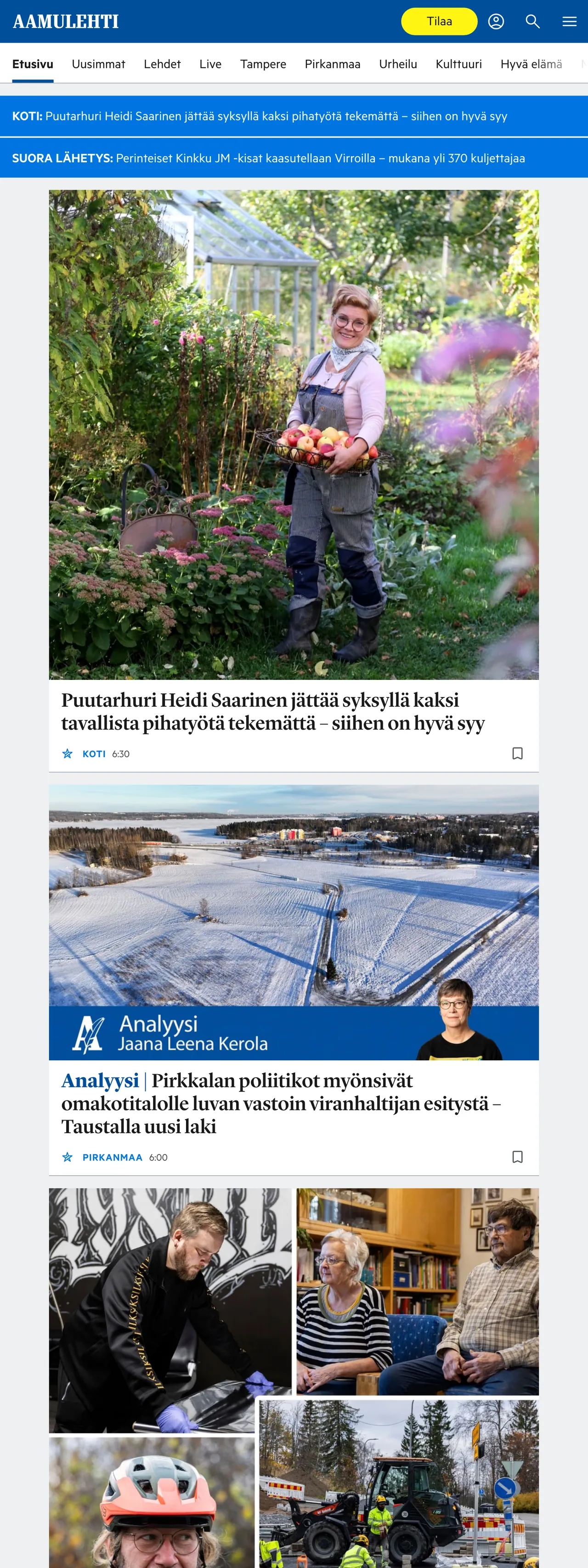 Screenshot of the Aamulehti front page