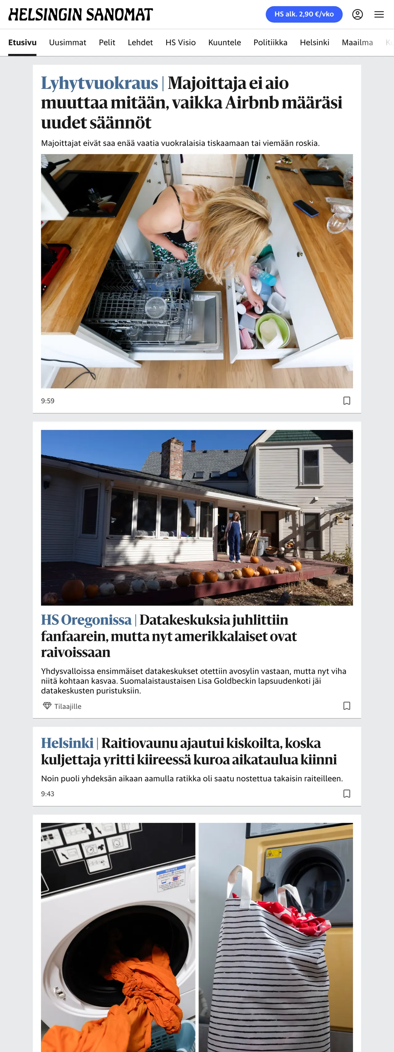 Screenshot of the Helsingin Sanomat front page