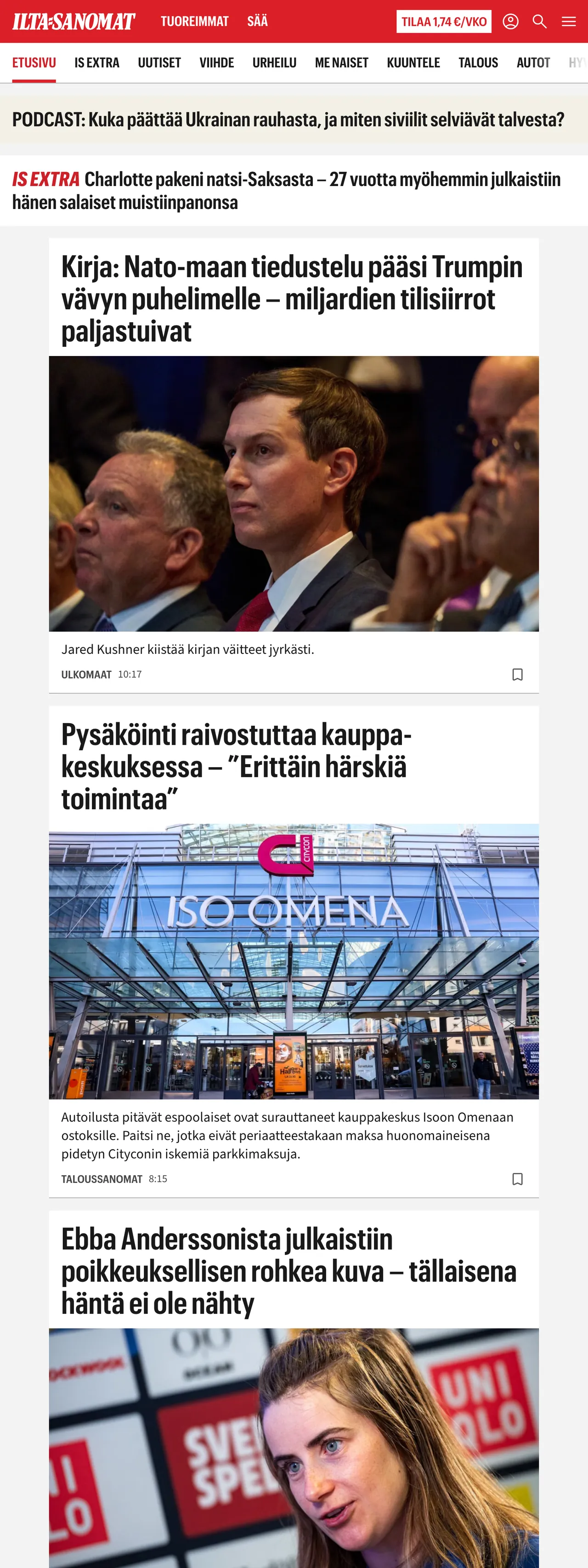 Screenshot of the Ilta-Sanomat front page