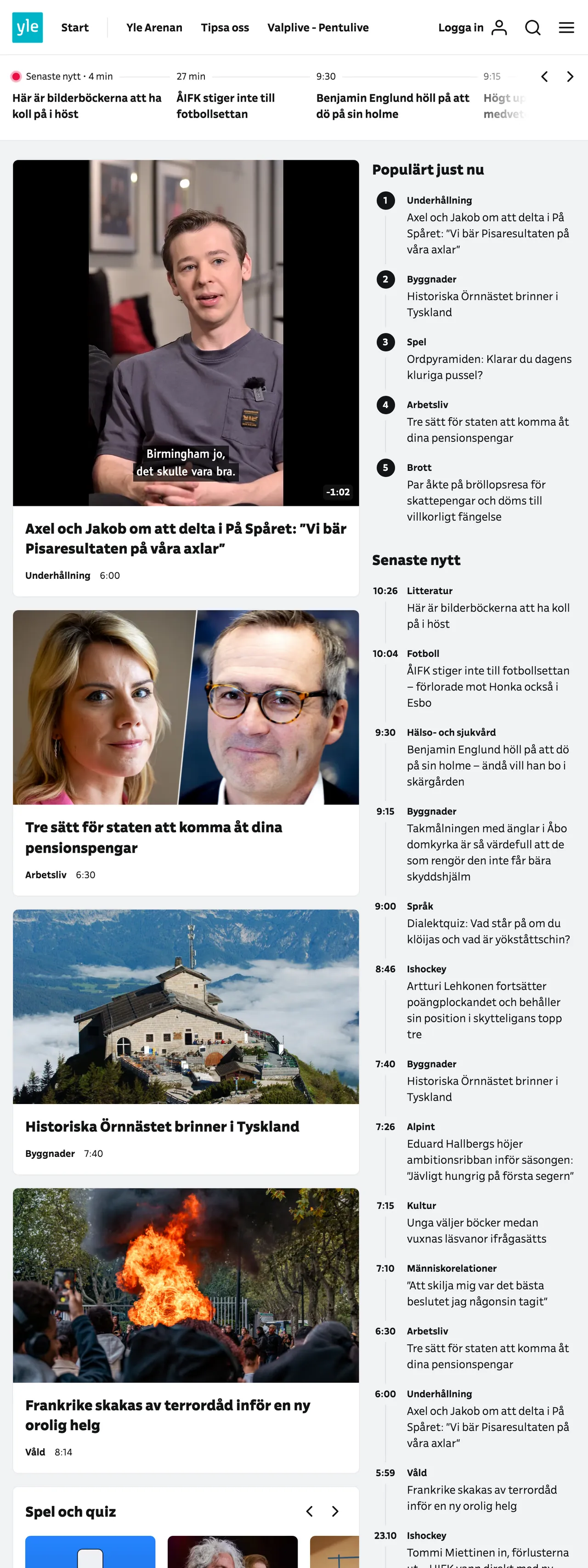 Screenshot of the Svenska Yle front page