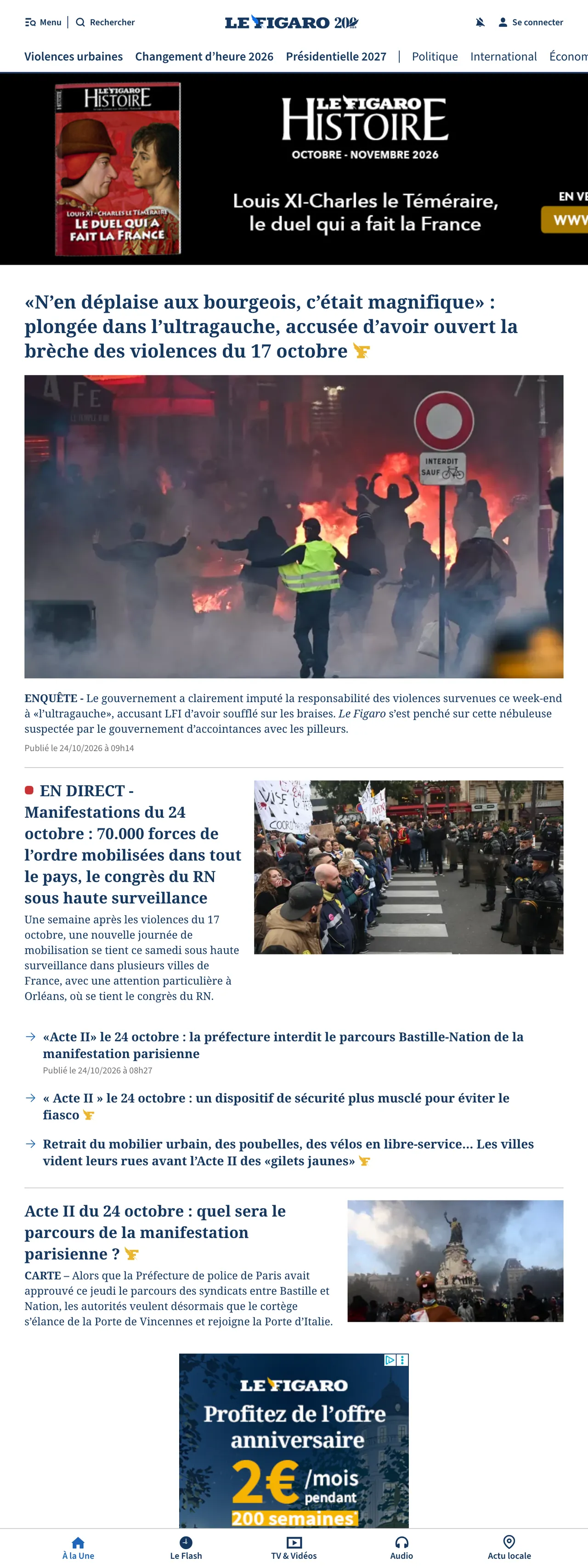 Screenshot of the Le Figaro front page