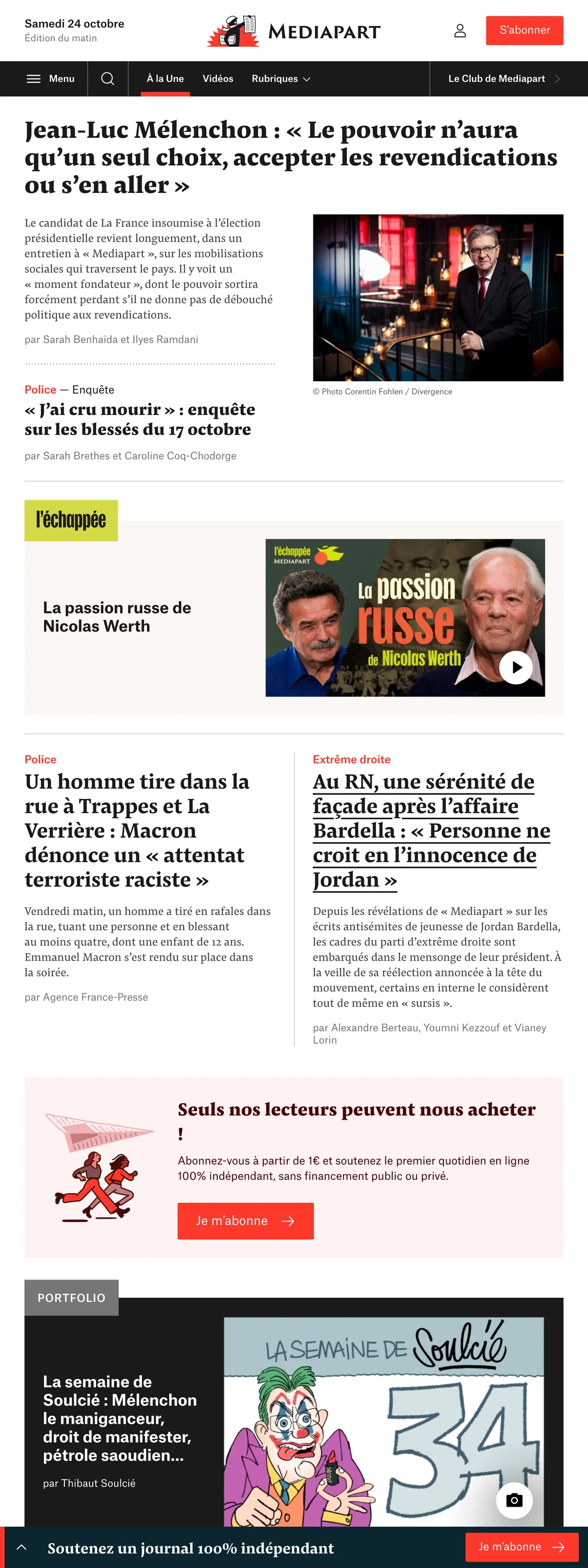 Screenshot of the Mediapart front page