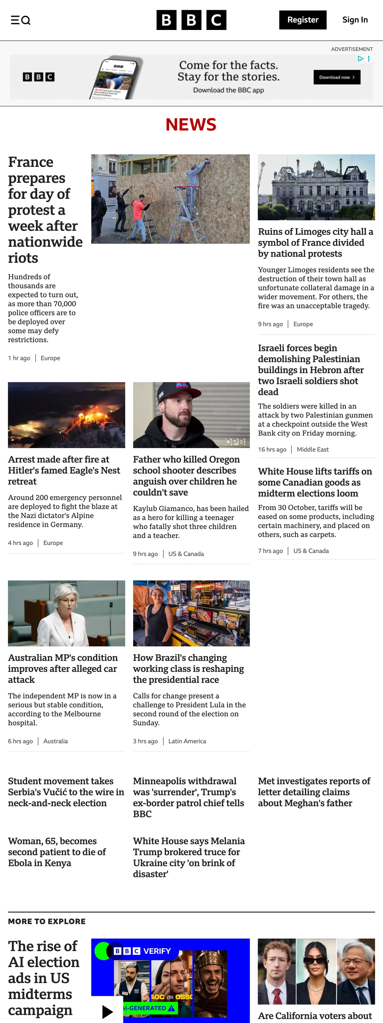 Screenshot of the BBC News front page