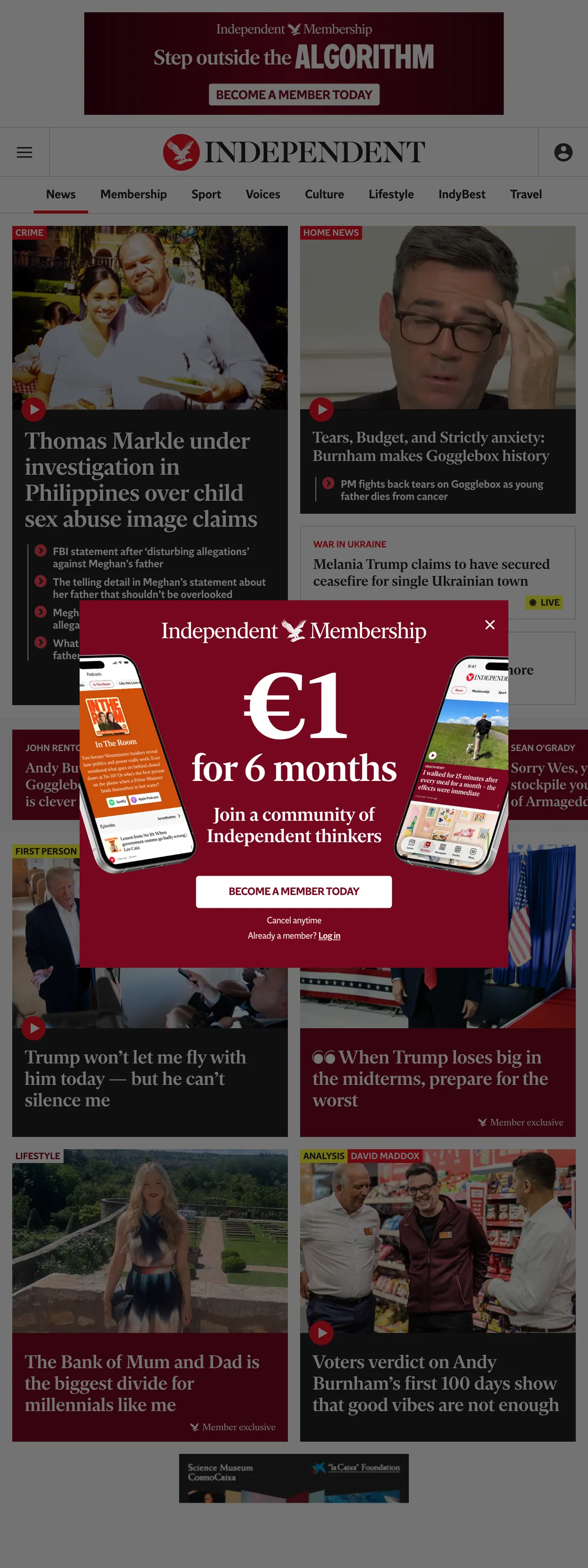Screenshot of the The Independent front page