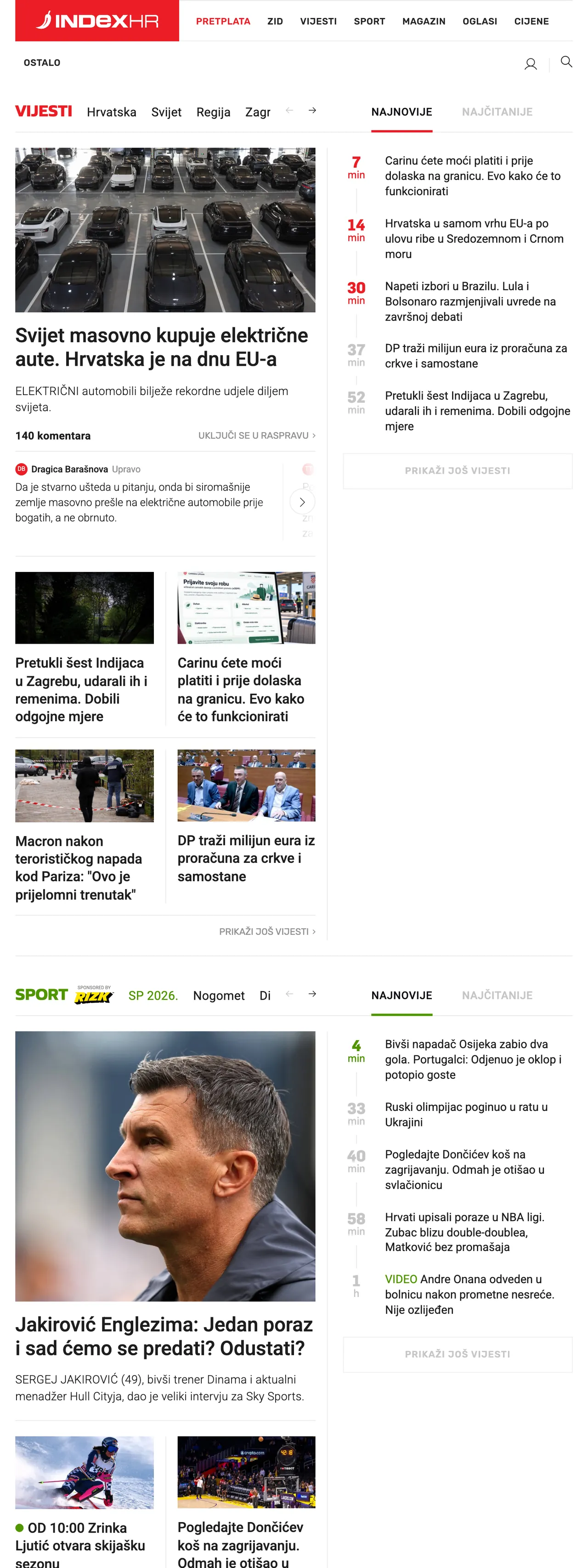 Screenshot of the Index.hr front page