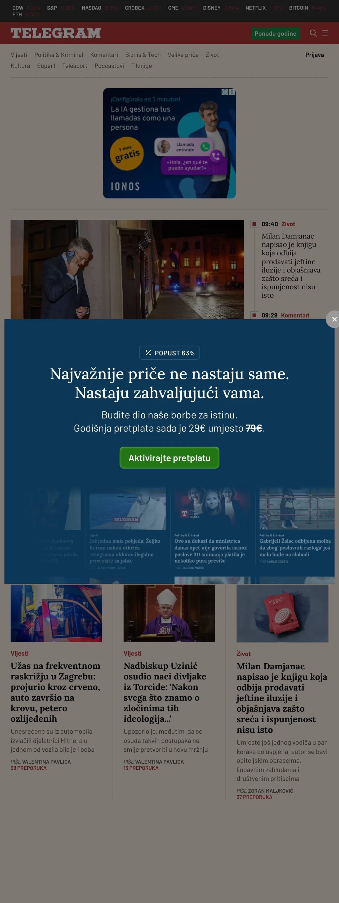 Screenshot of the Telegram.hr front page