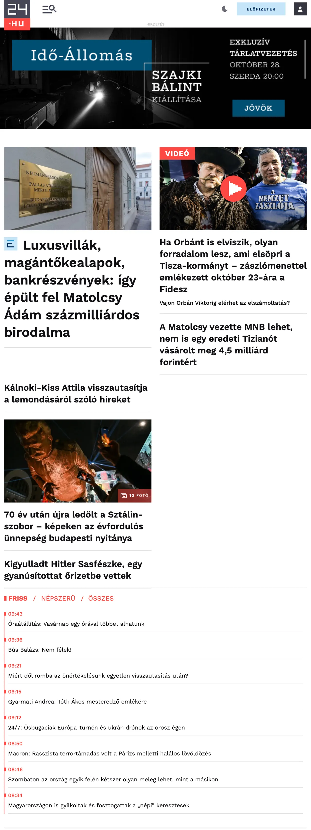 Screenshot of the 24.hu front page