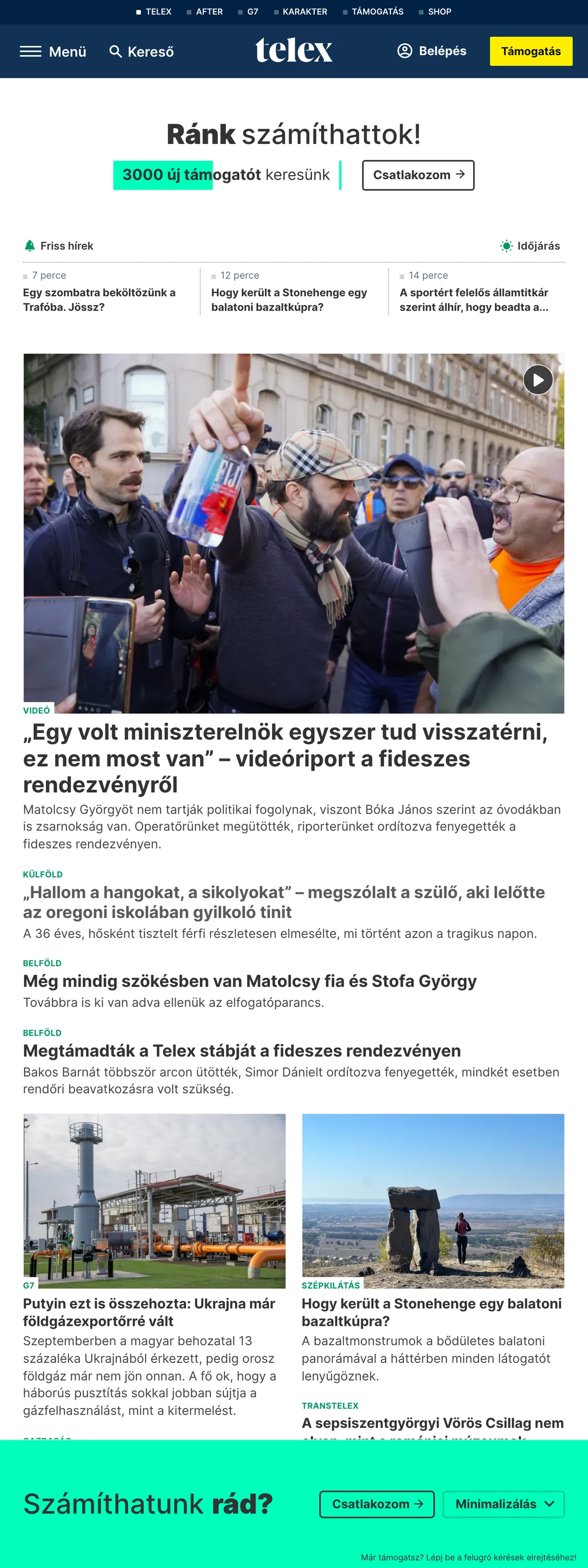 Screenshot of the Telex front page