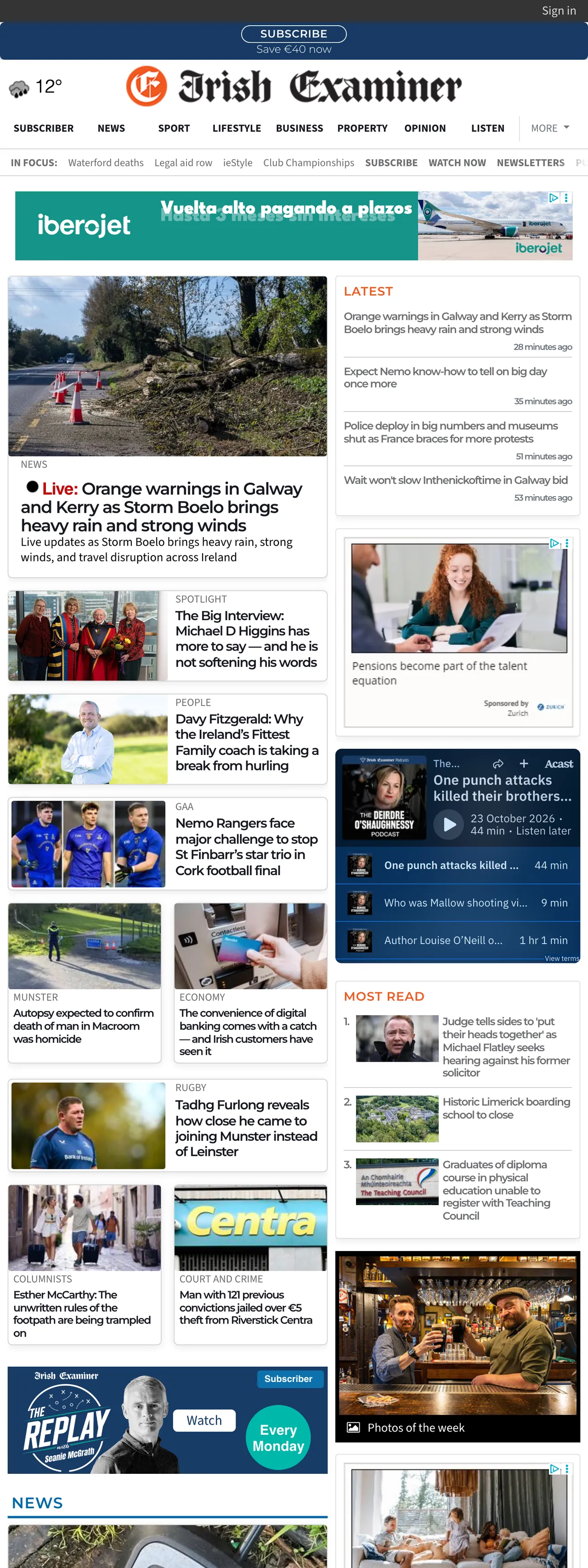 Screenshot of the Irish Examiner front page