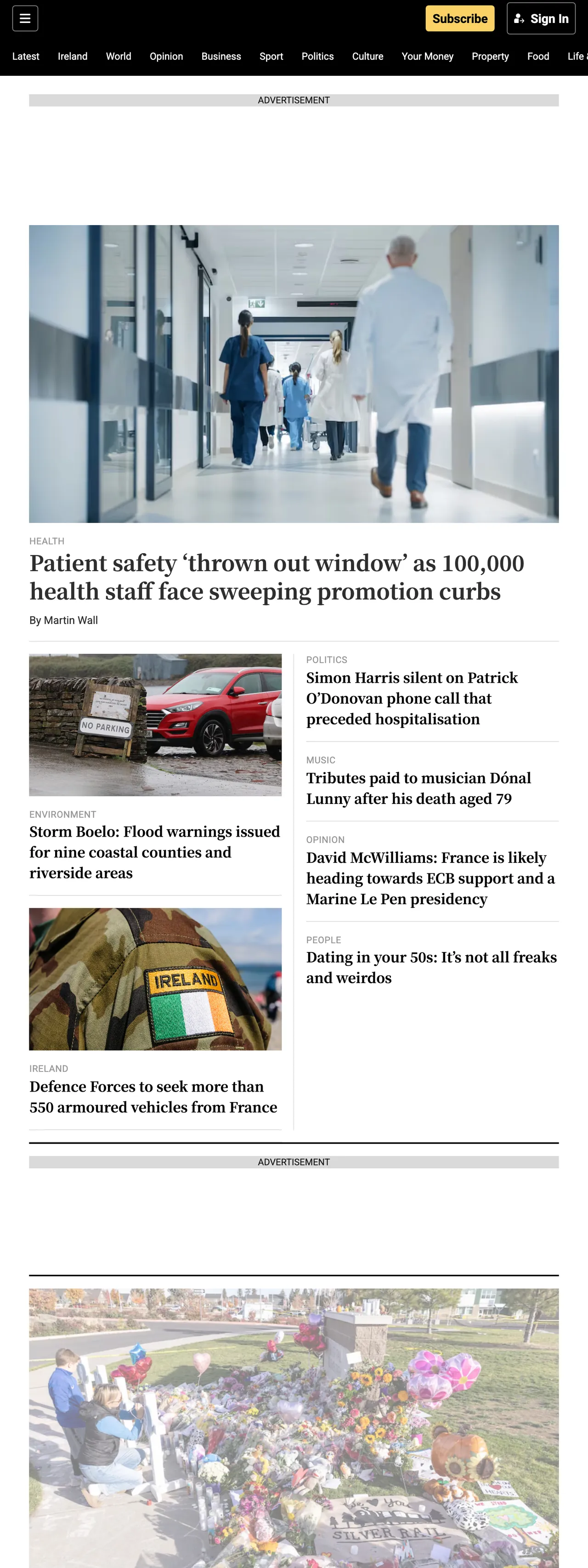 Screenshot of the The Irish Times front page