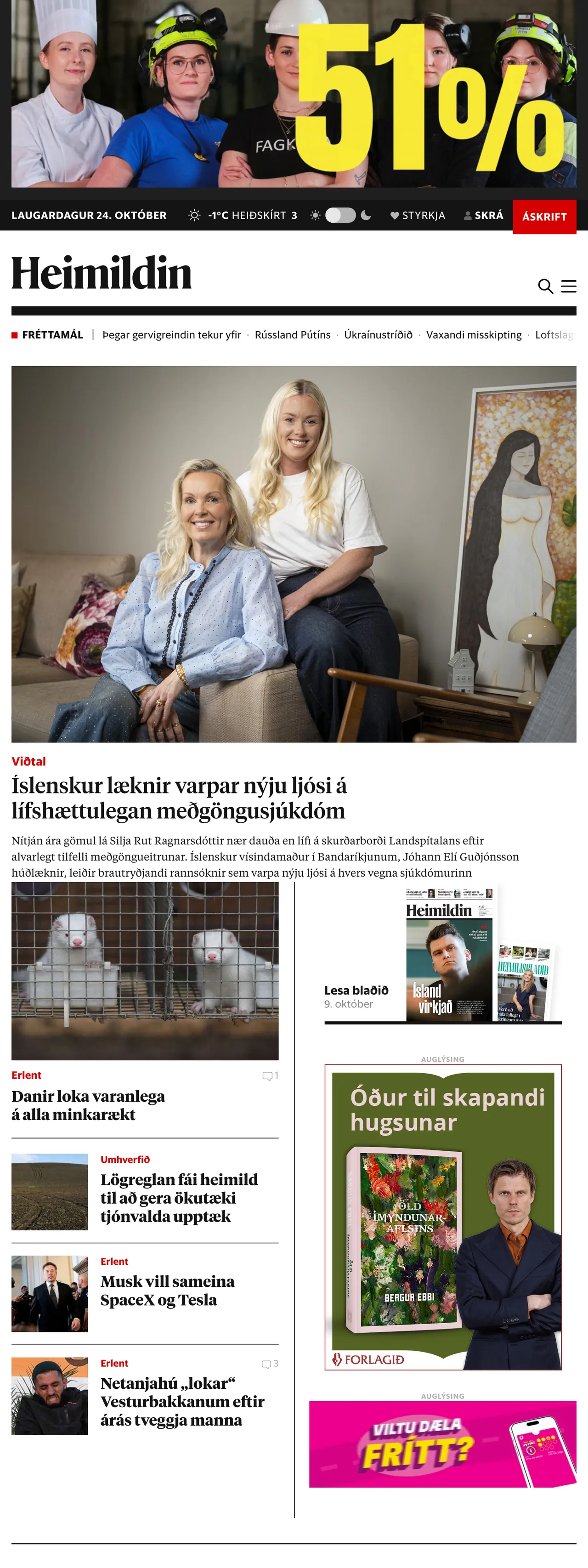 Screenshot of the Heimildin front page