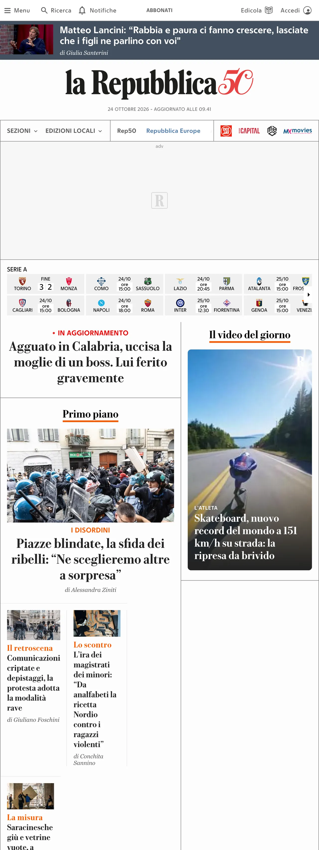 Screenshot of the la Repubblica front page