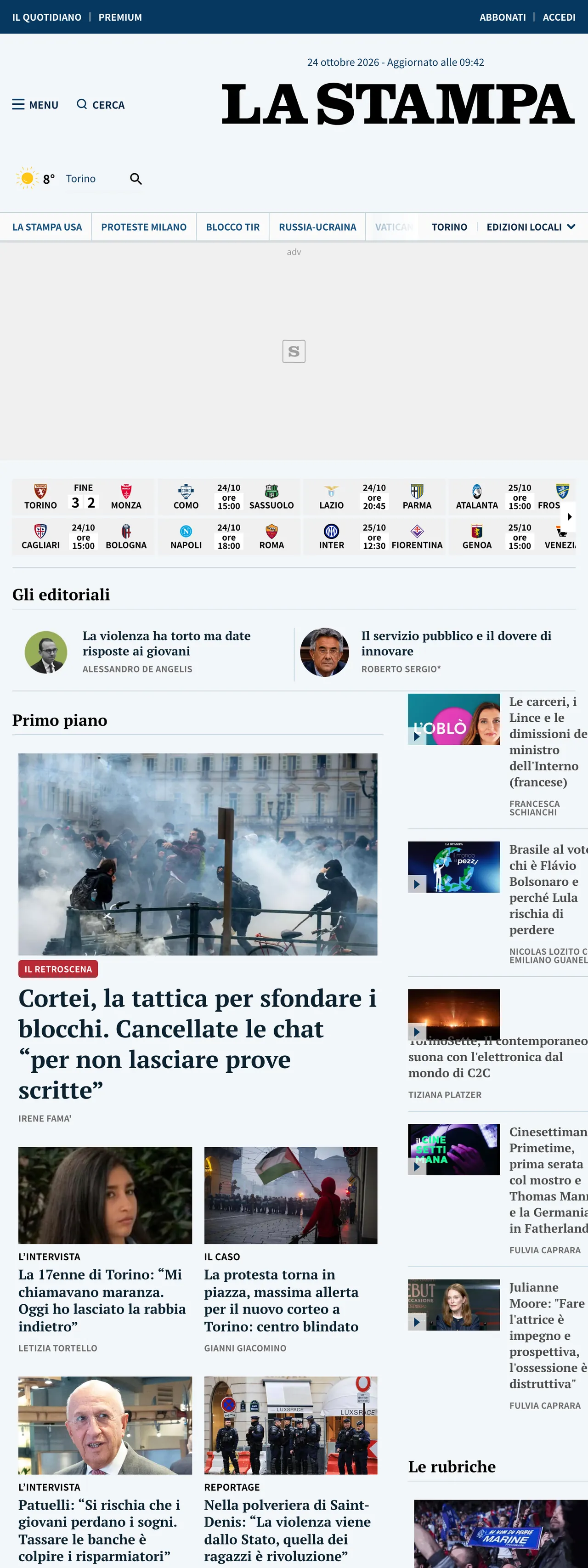 Screenshot of the La Stampa front page