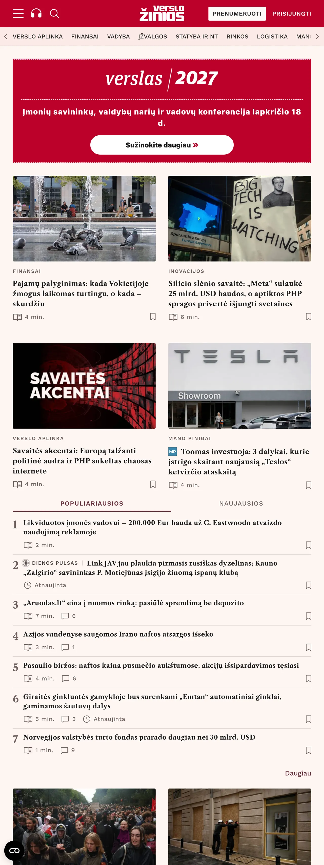 Screenshot of the Verslo žinios front page