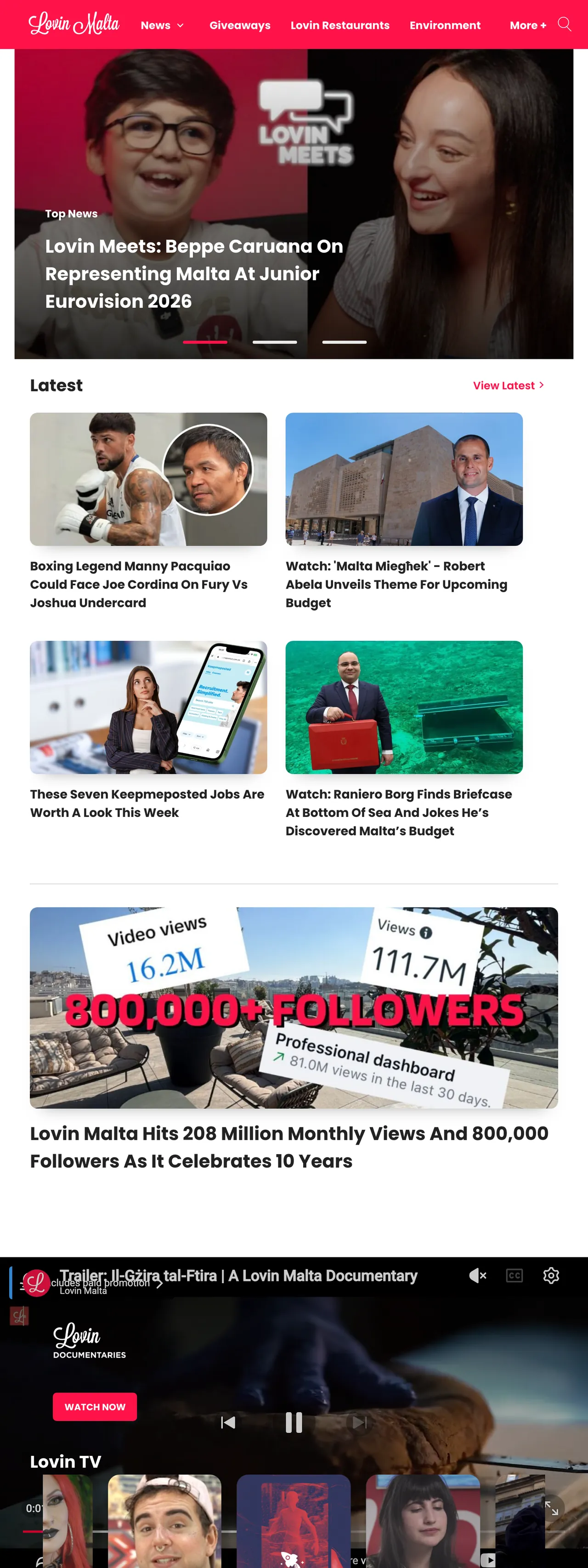 Screenshot of the Lovin Malta front page