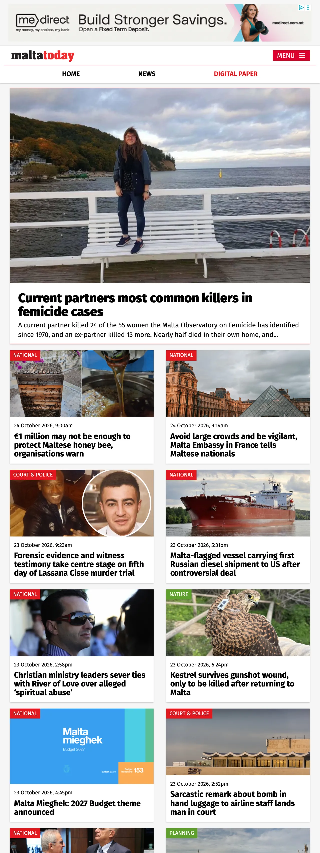 Screenshot of the Malta Today front page