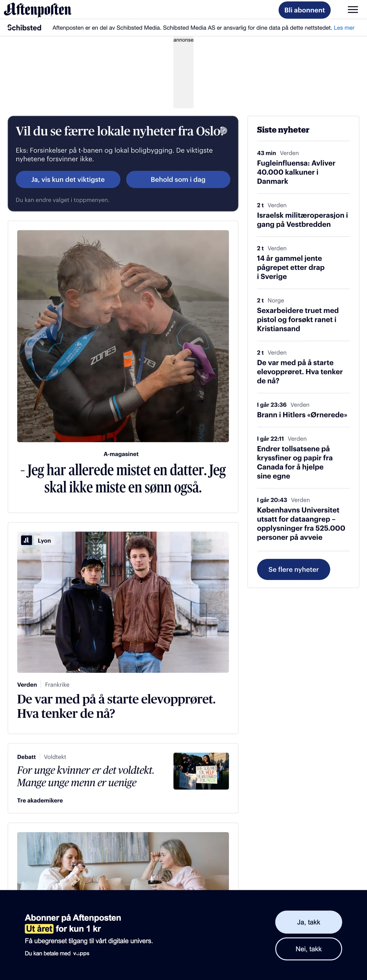 Screenshot of the Aftenposten front page