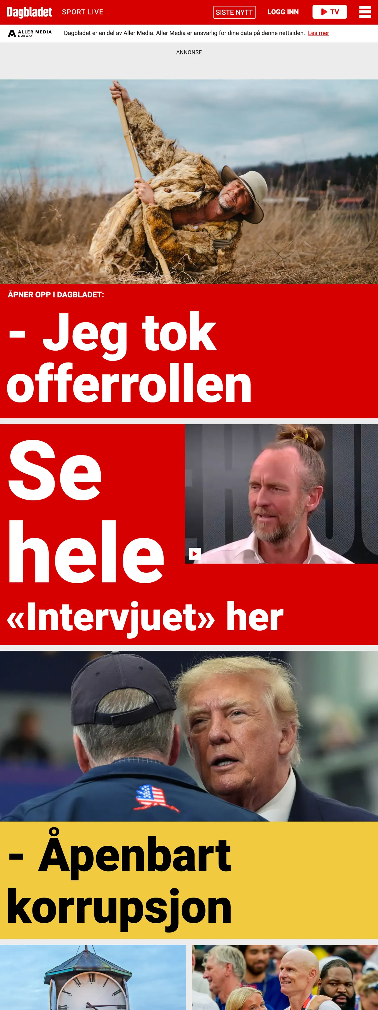Screenshot of the Dagbladet front page