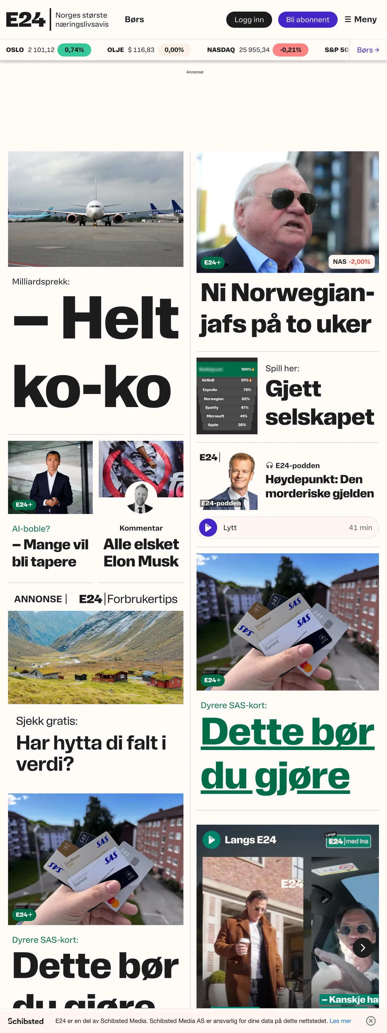 Screenshot of the E24 front page