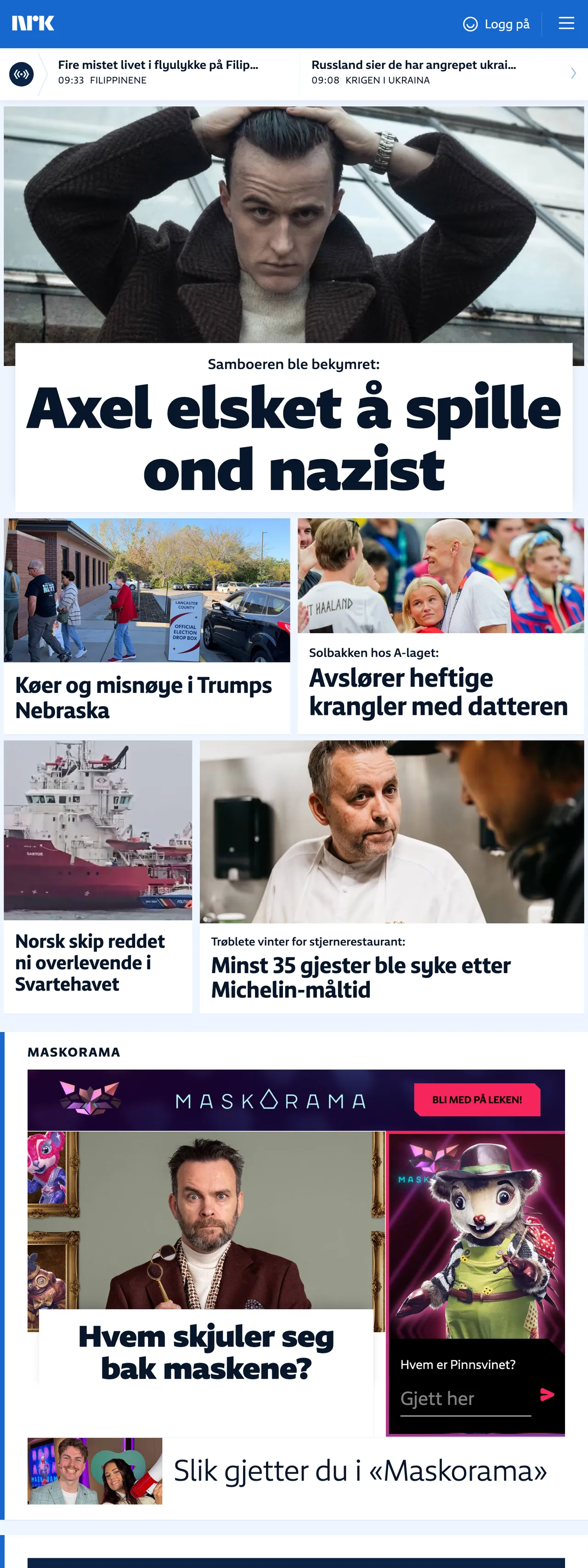 Screenshot of the NRK front page