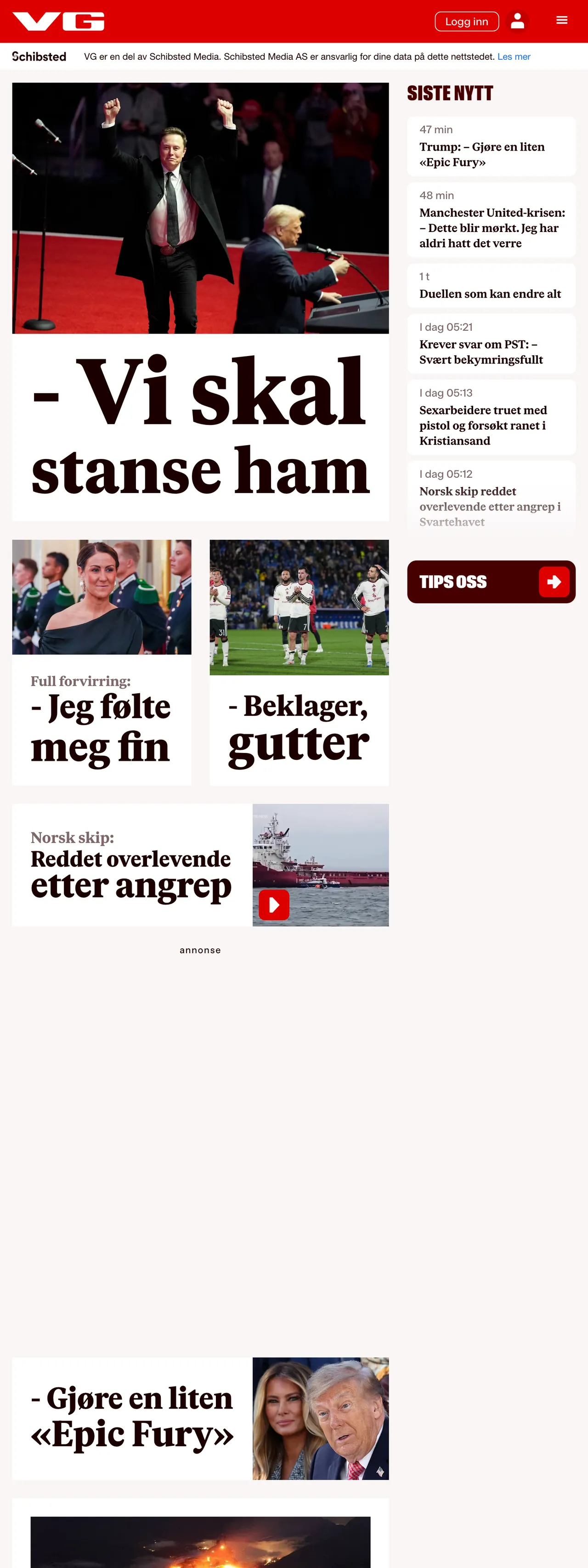 Screenshot of the VG front page