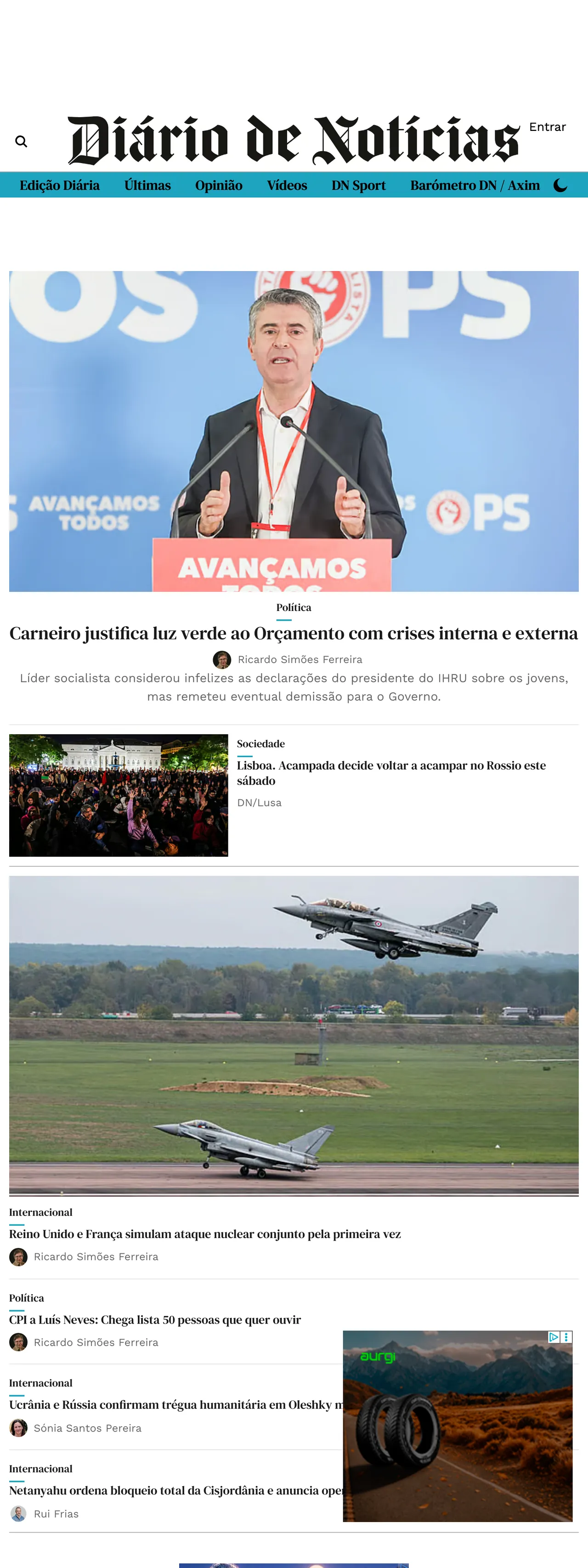 Screenshot of the Diário de Notícias front page
