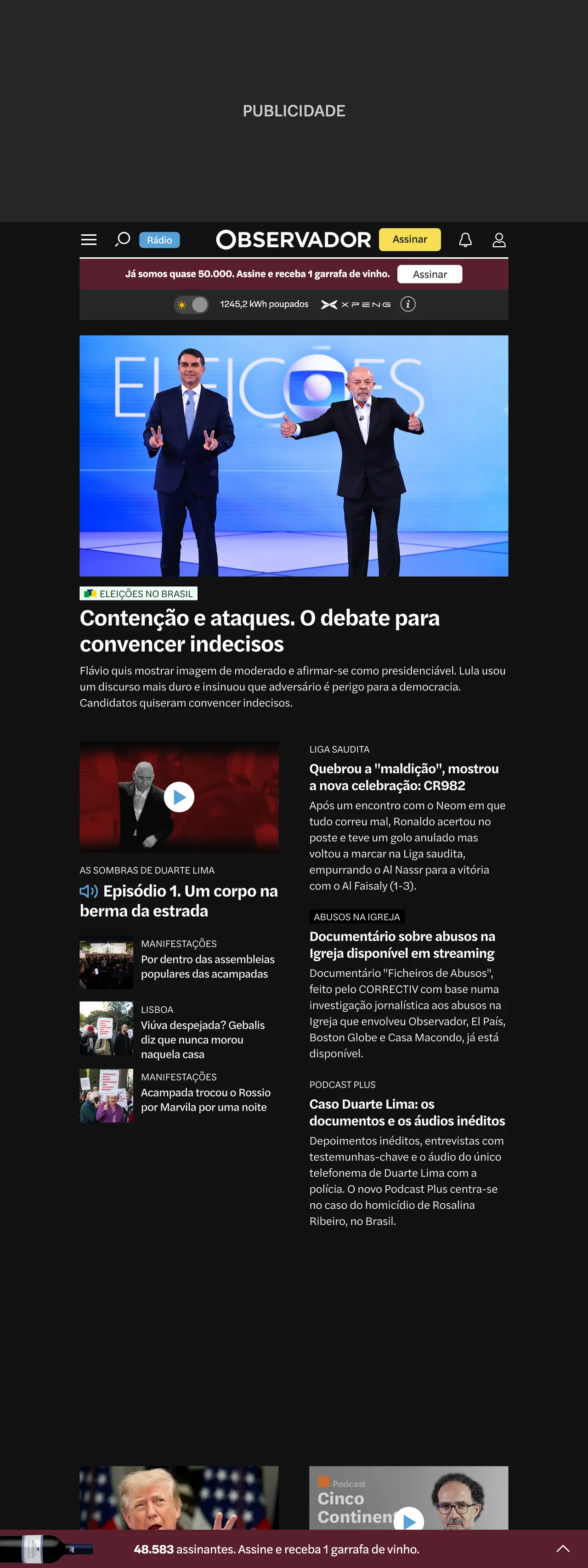 Screenshot of the Observador front page