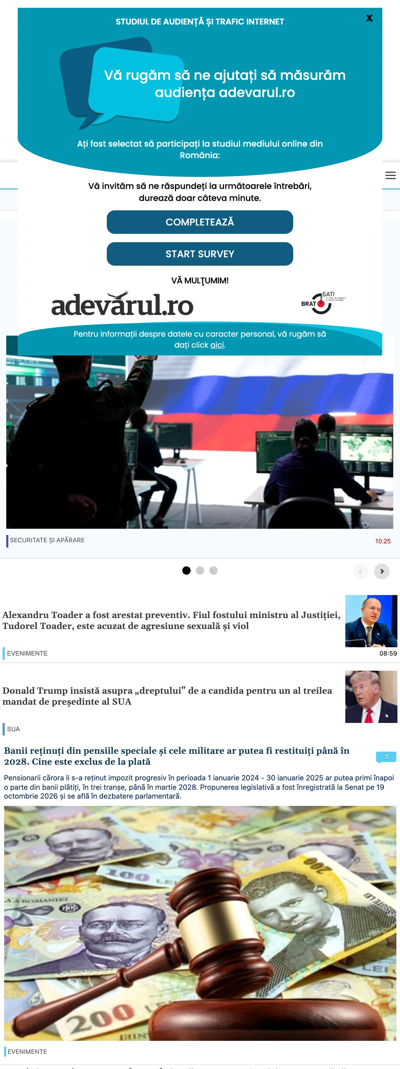 Screenshot of the Adevărul front page