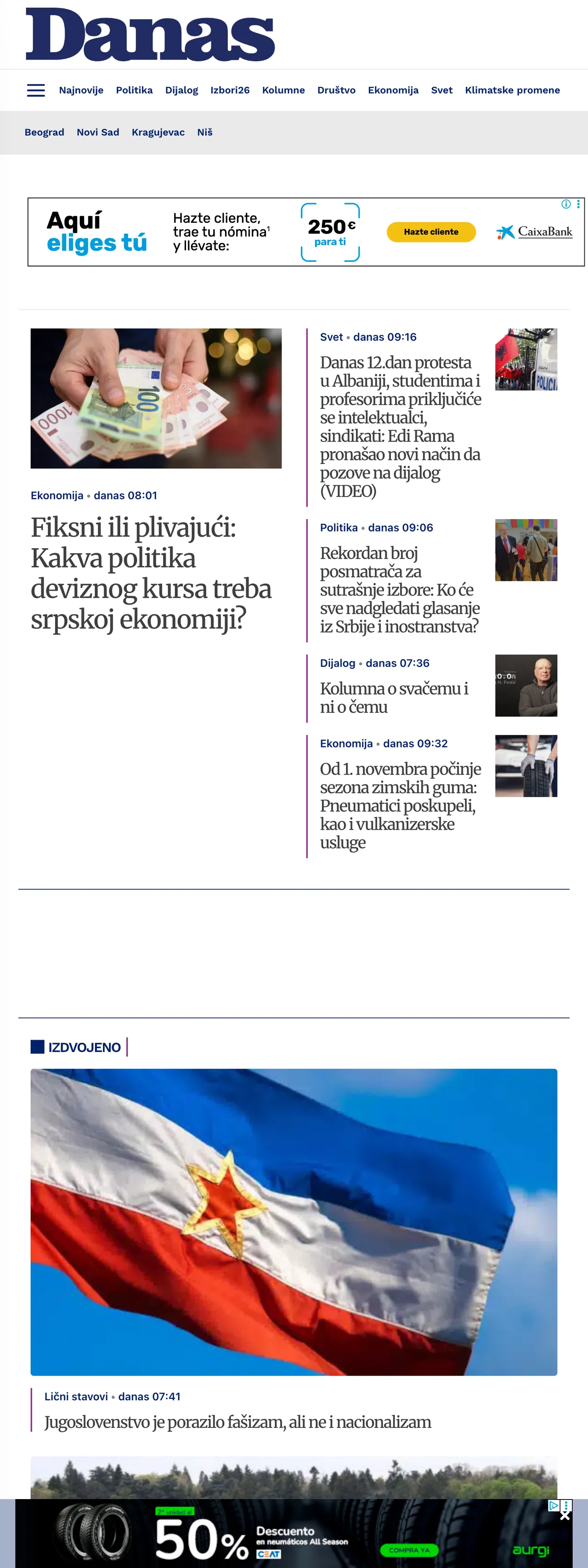 Screenshot of the Danas front page