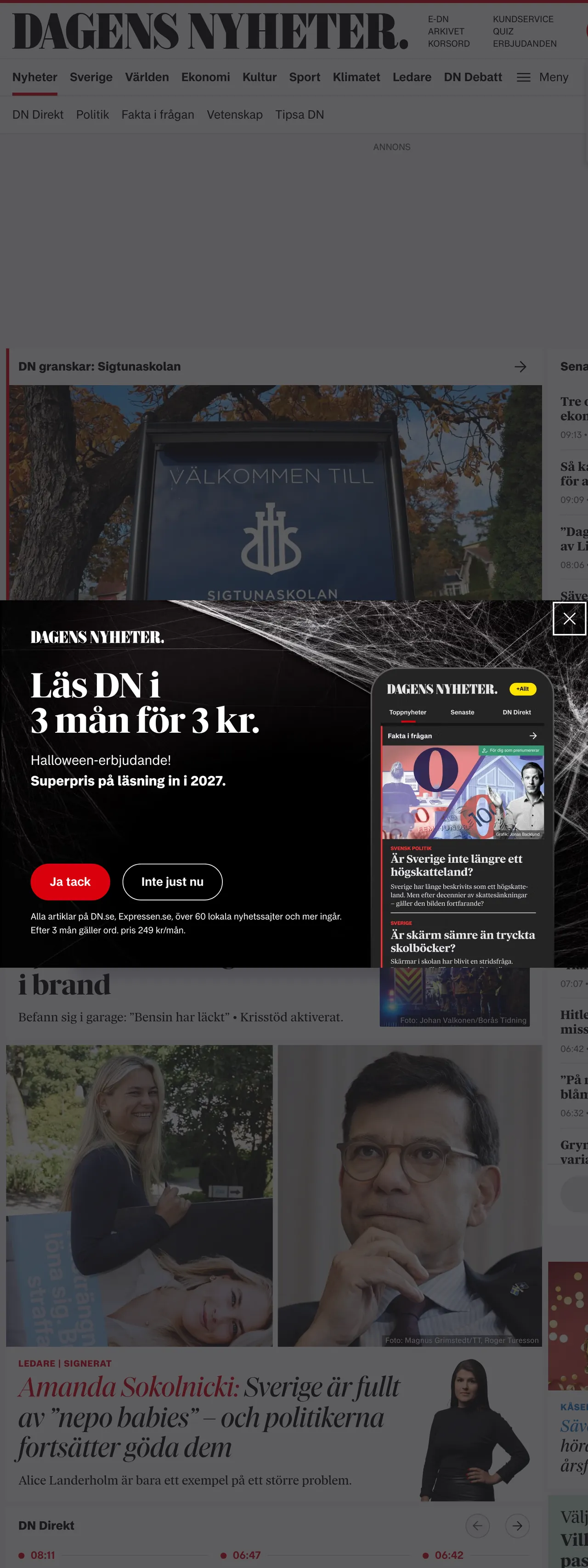 Screenshot of the Dagens Nyheter front page