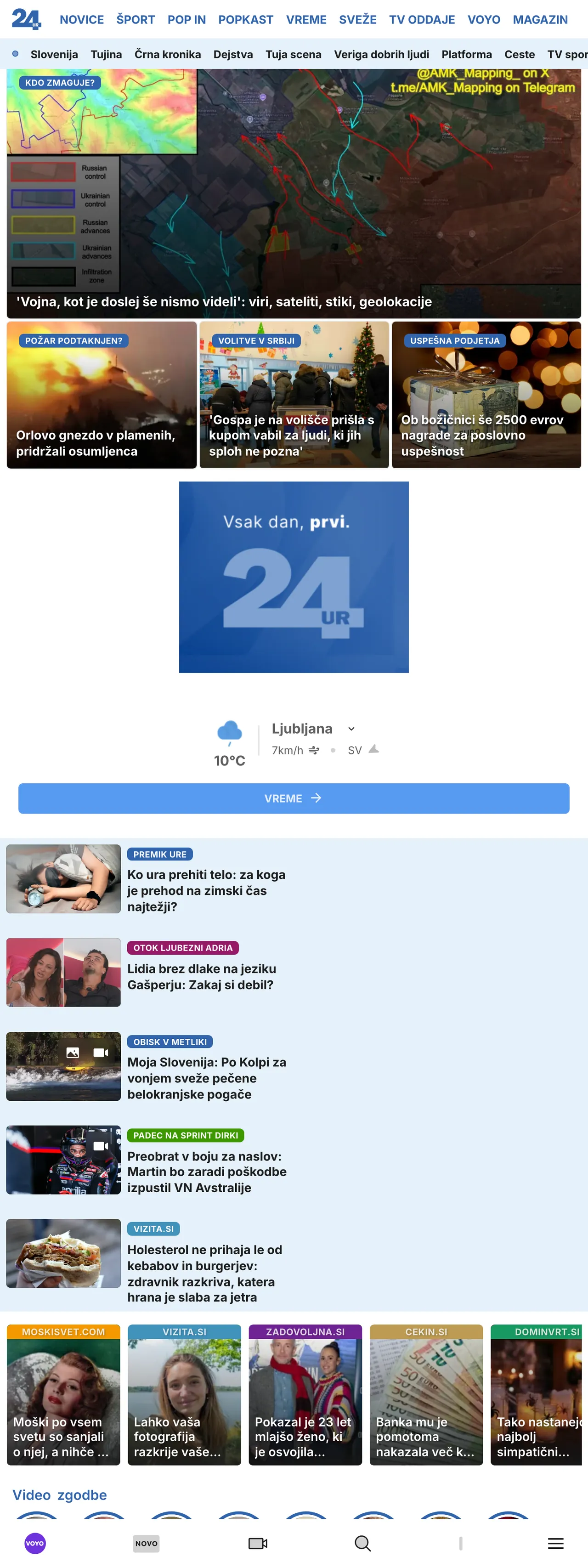Screenshot of the 24ur front page