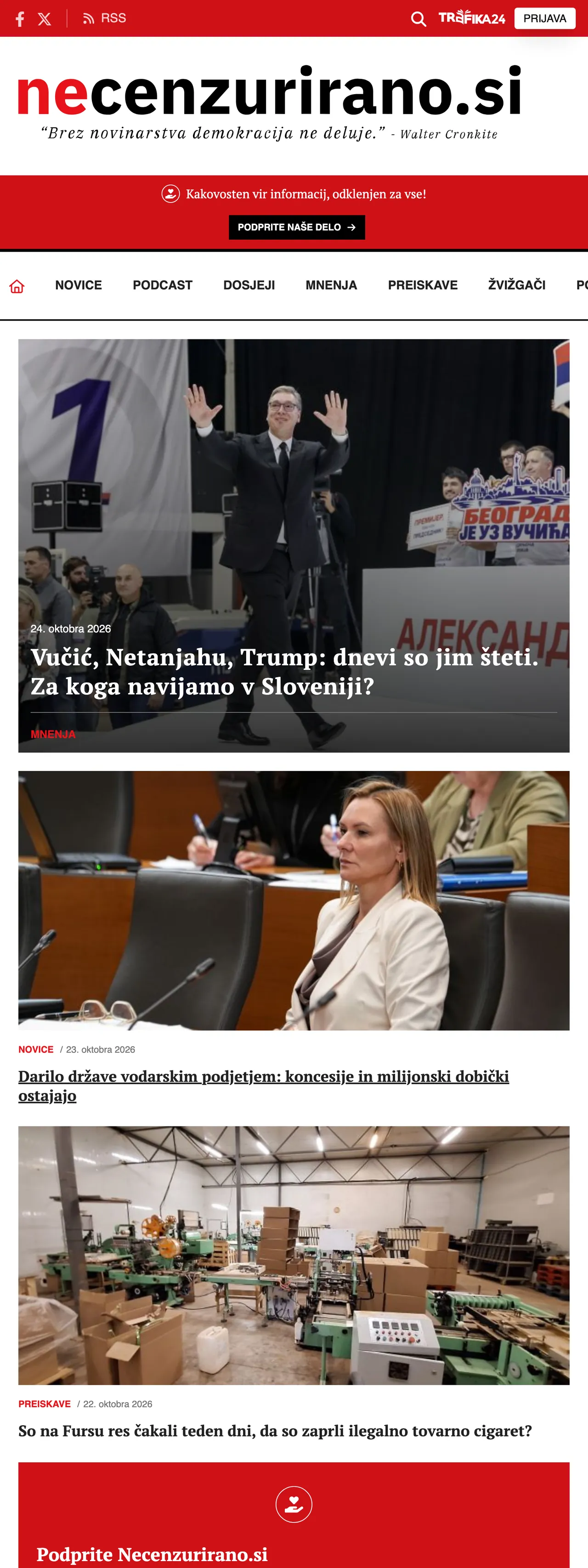 Screenshot of the Necenzurirano front page