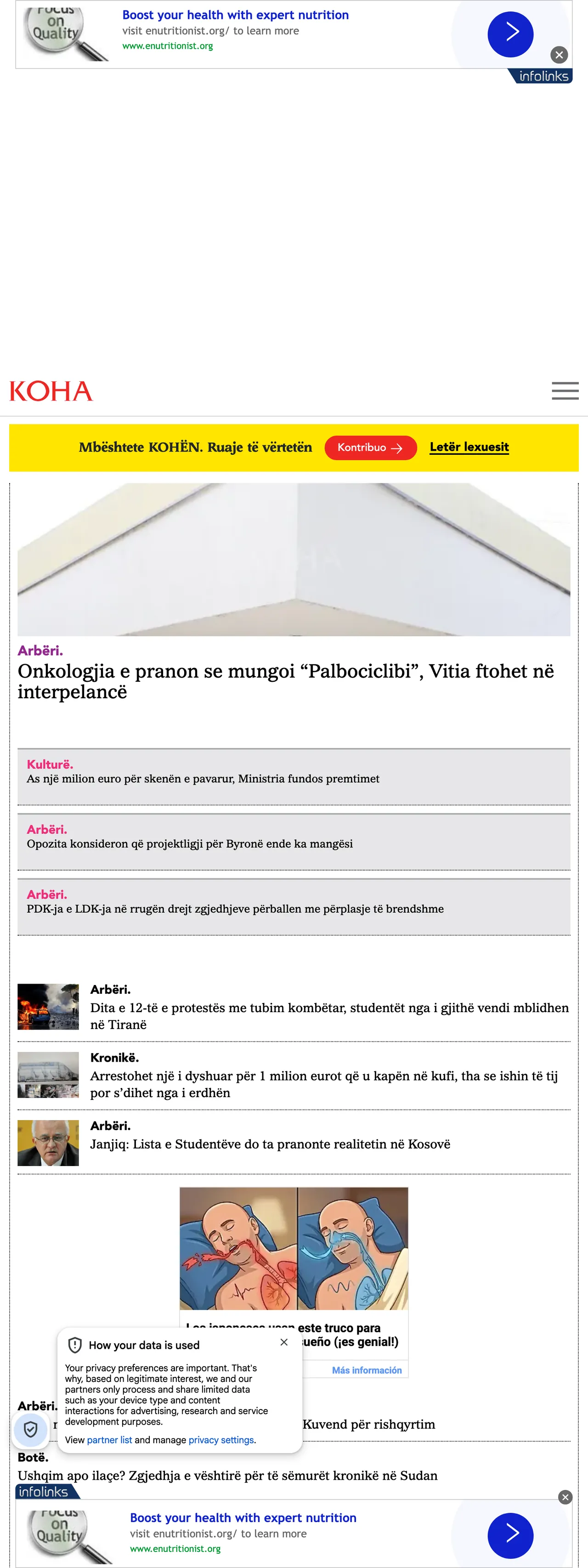 Screenshot of the Koha Ditore front page