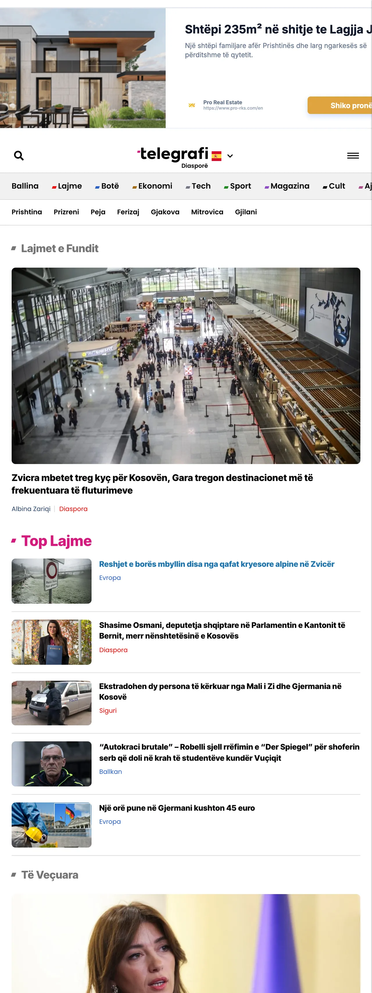 Screenshot of the Telegrafi front page