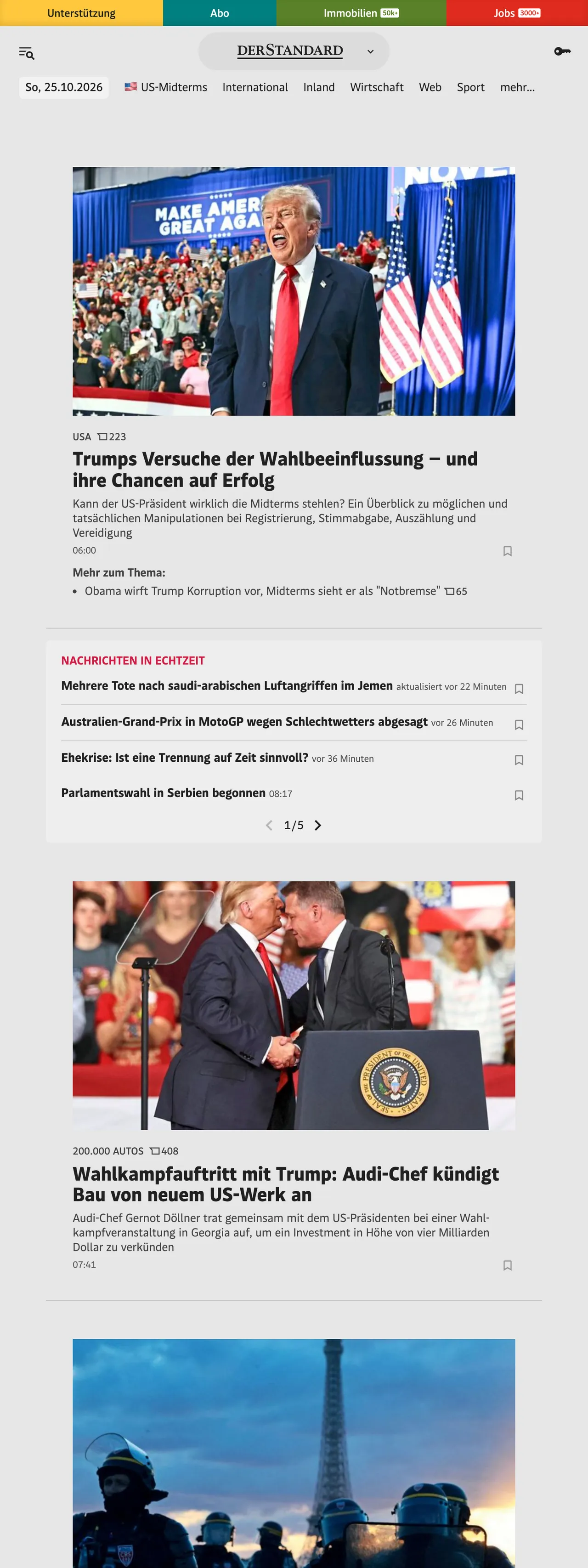 Screenshot of the DER STANDARD front page