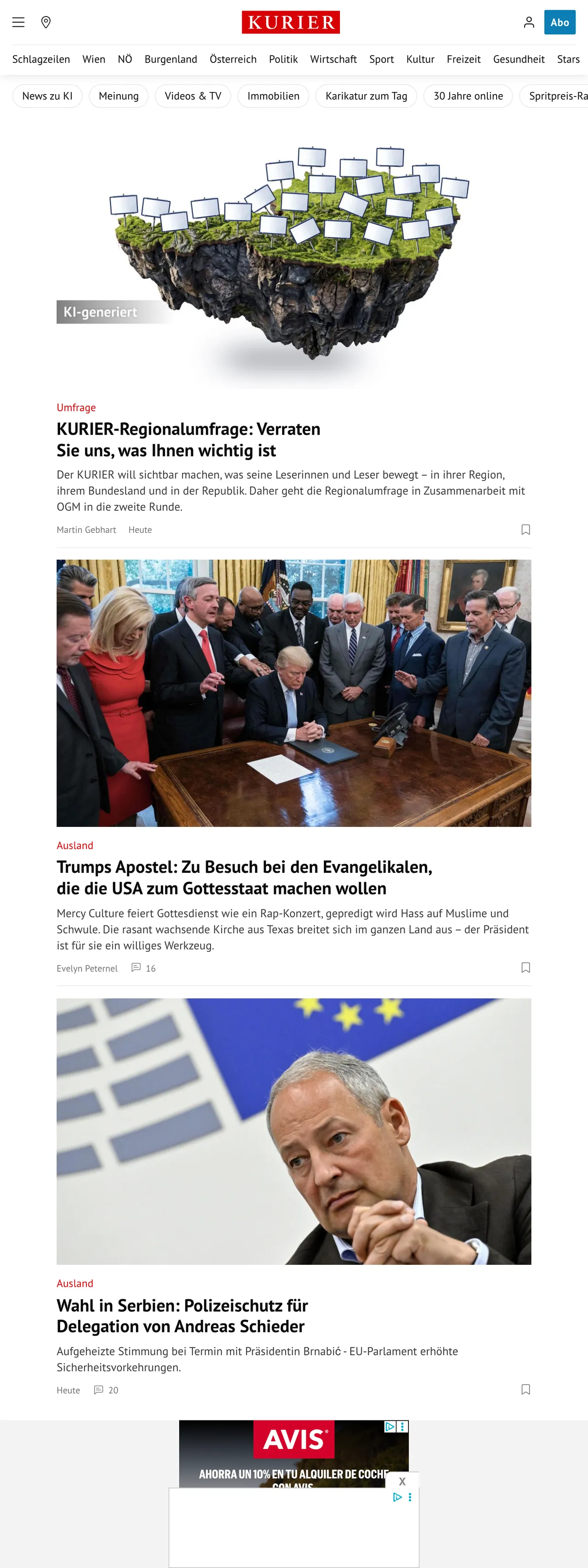 Screenshot of the Kurier front page