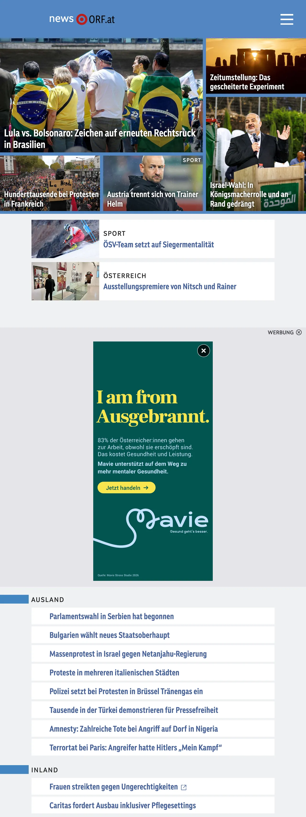 Screenshot of the ORF front page
