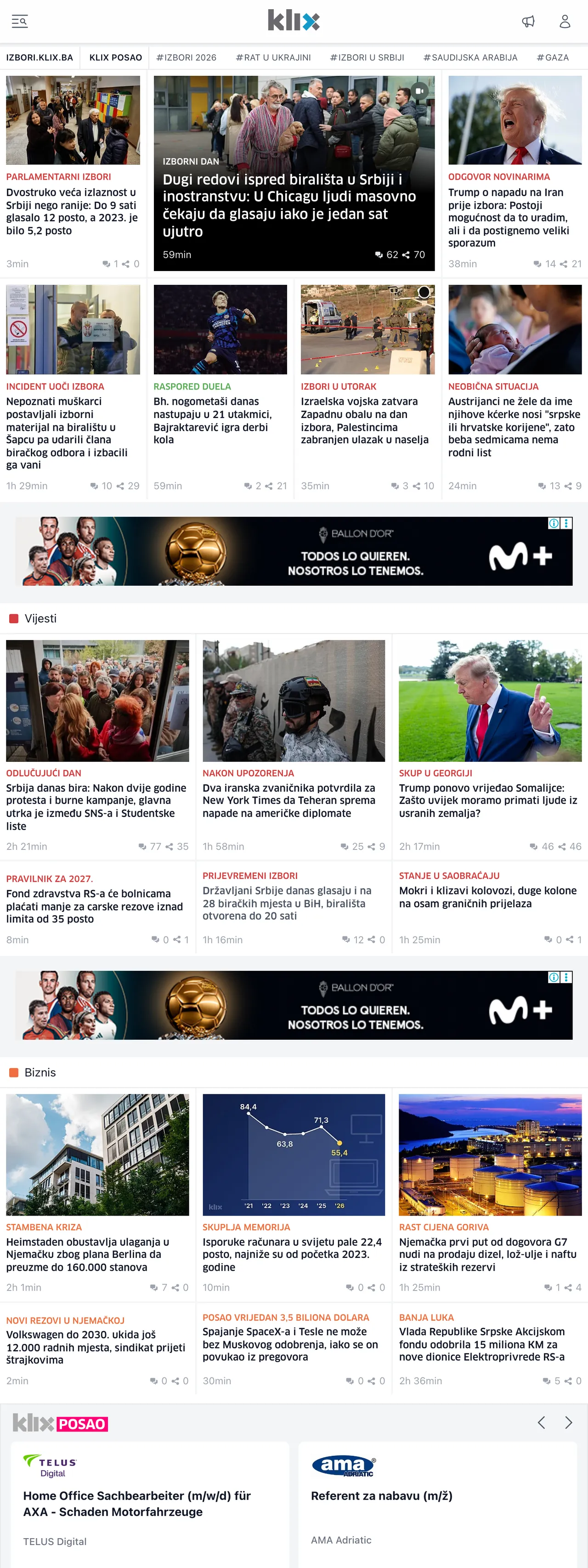 Screenshot of the Klix.ba front page