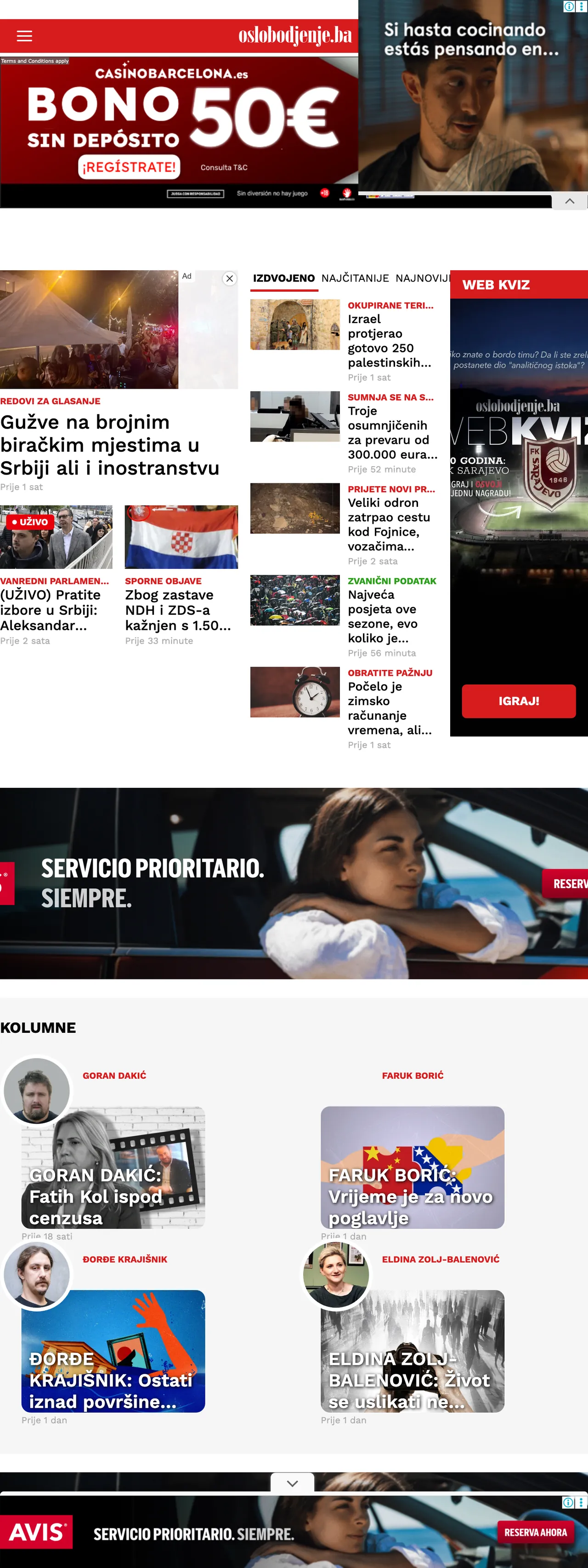 Screenshot of the Oslobođenje front page