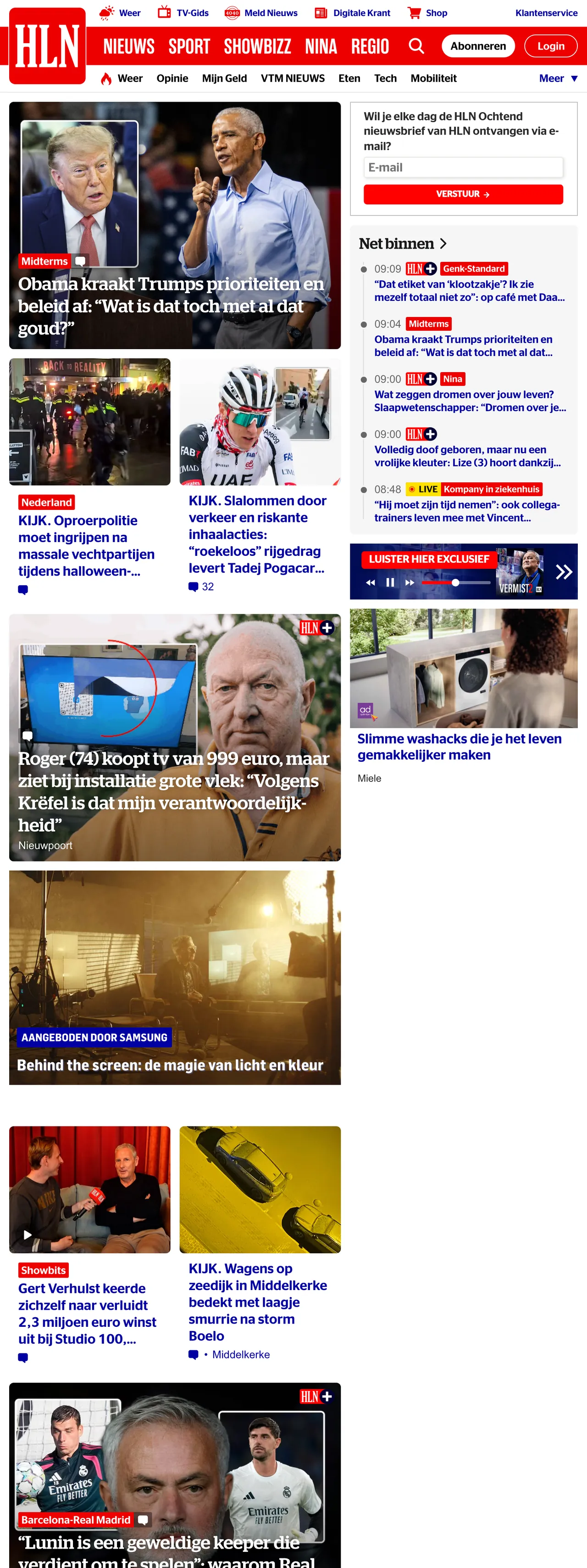Screenshot of the HLN front page