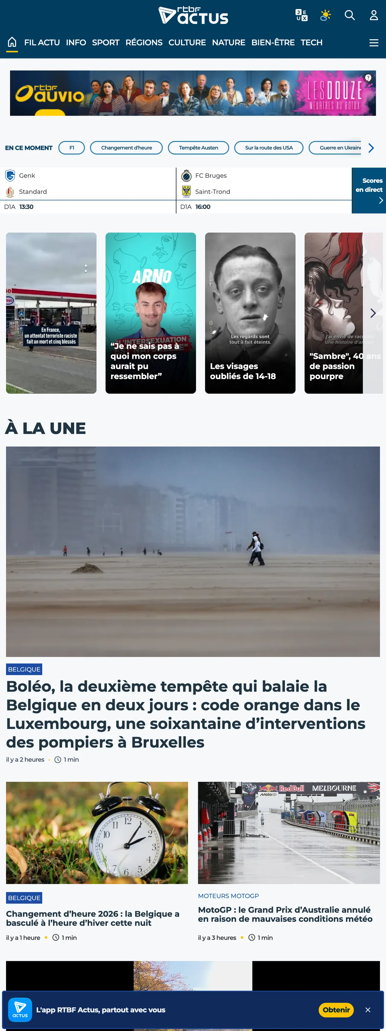 Screenshot of the RTBF front page