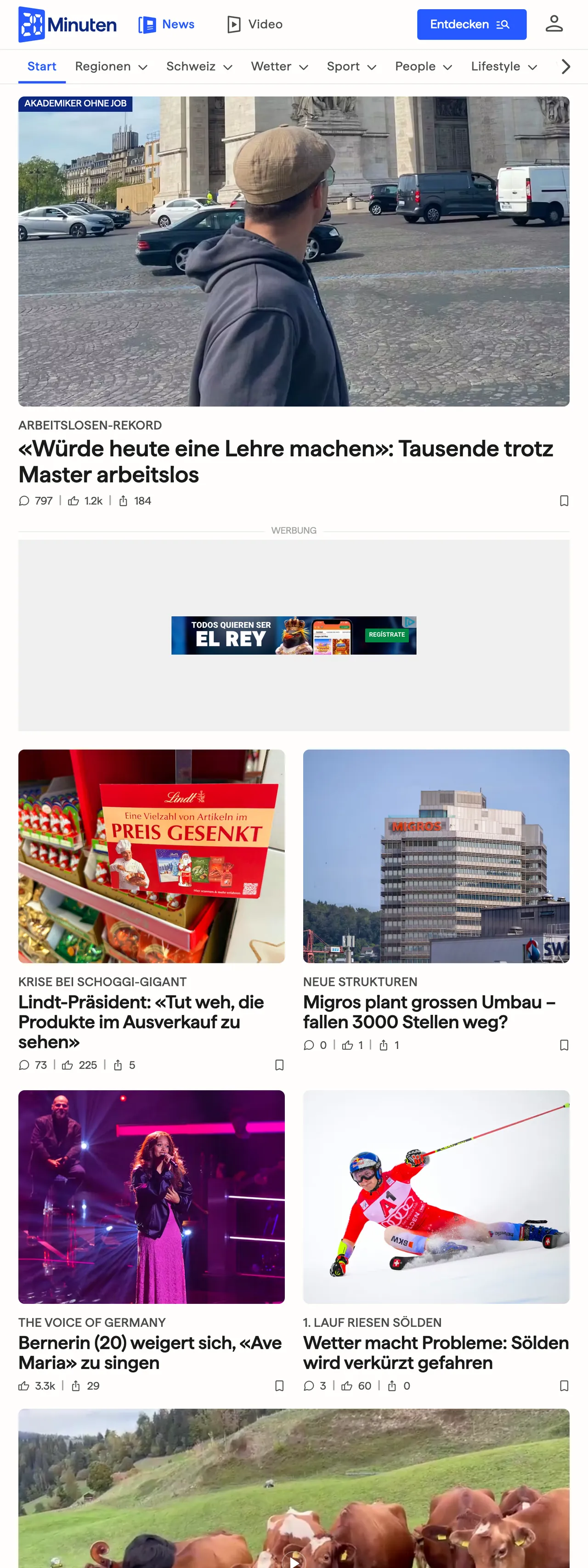 Screenshot of the 20 Minuten front page