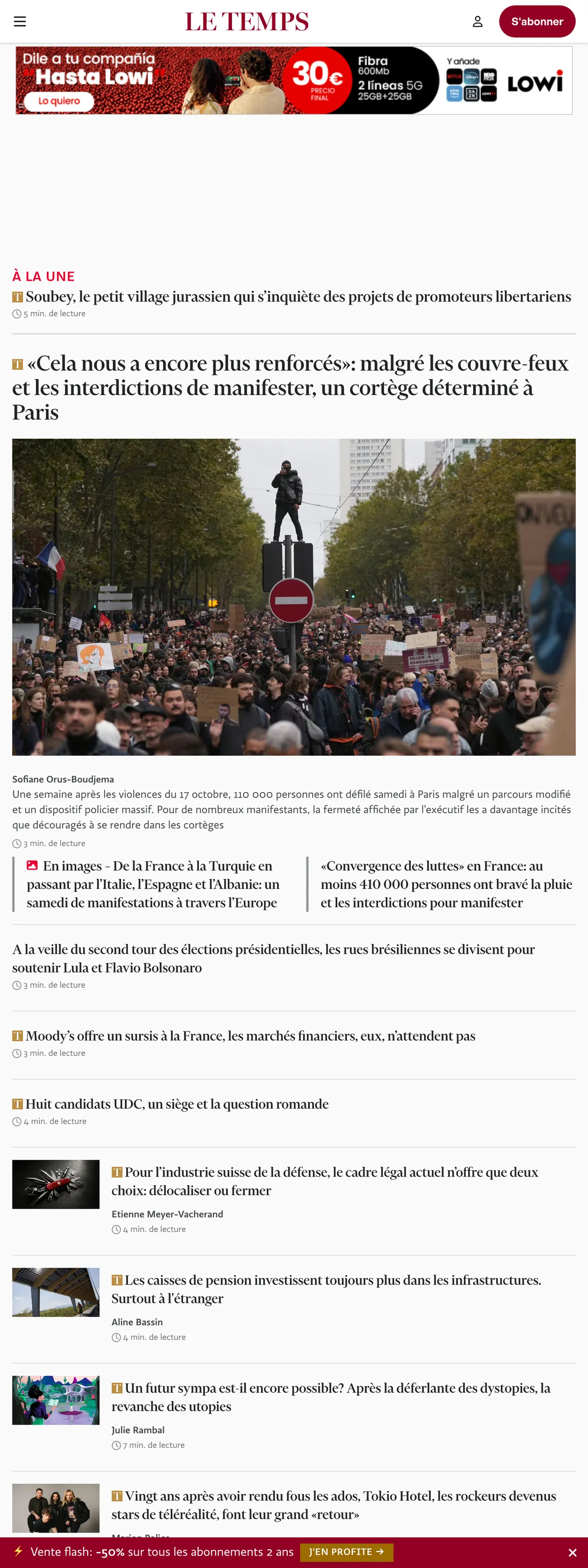 Screenshot of the Le Temps front page